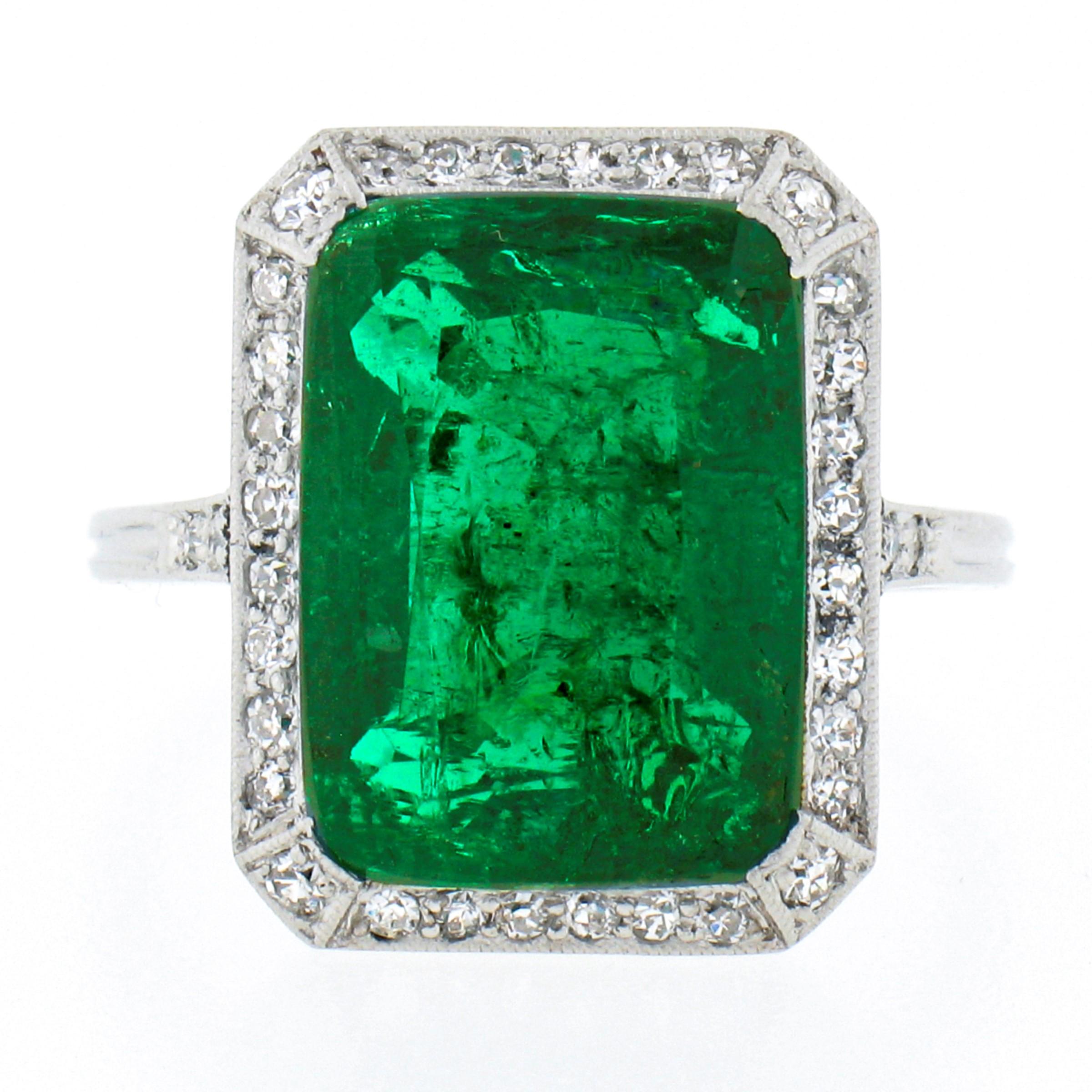 Women's Antique Edwardian Platinum 6.55ct AGL Fine Colombian Emerald & Diamond Halo Ring