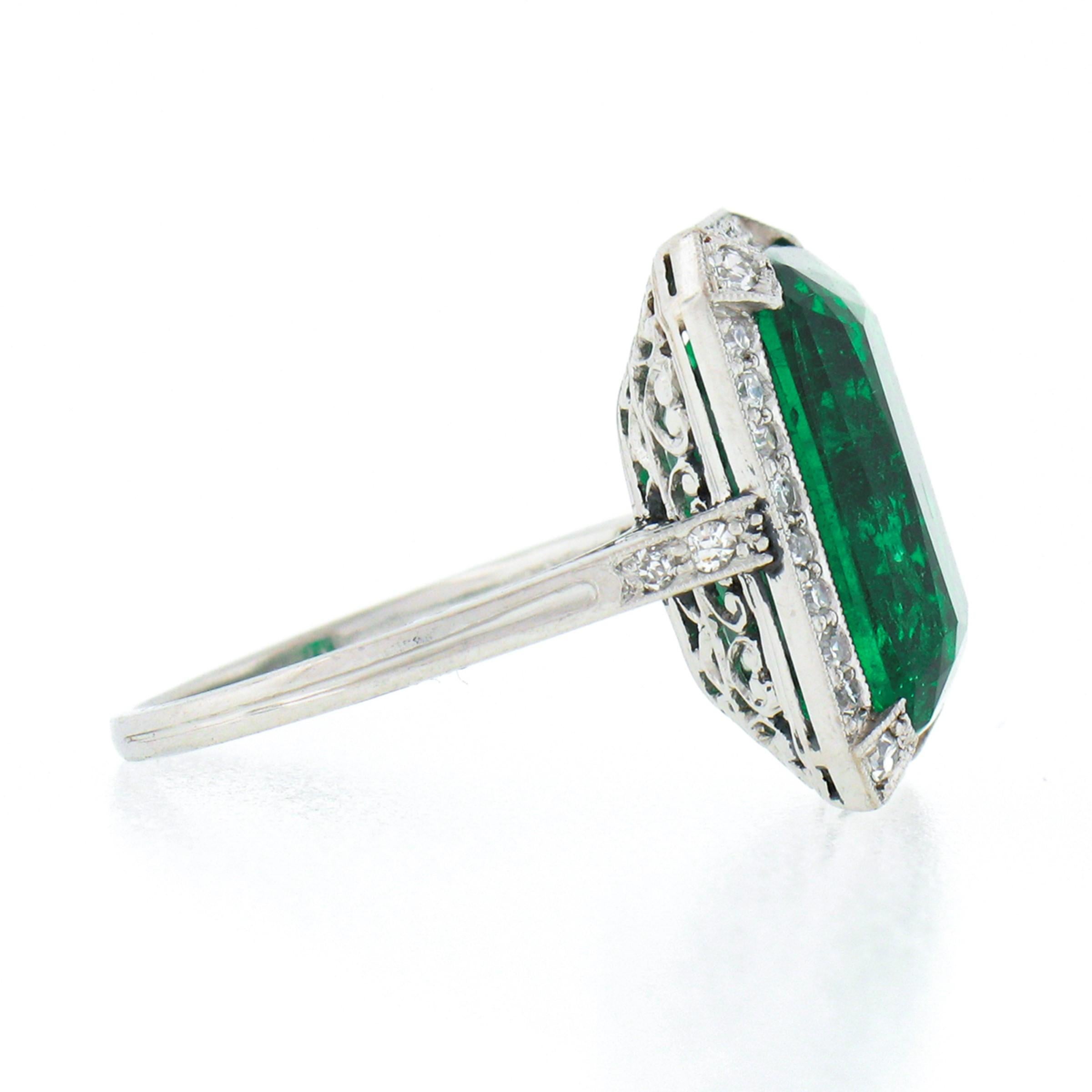 Antique Edwardian Platinum 6.55ct AGL Fine Colombian Emerald & Diamond Halo Ring 1
