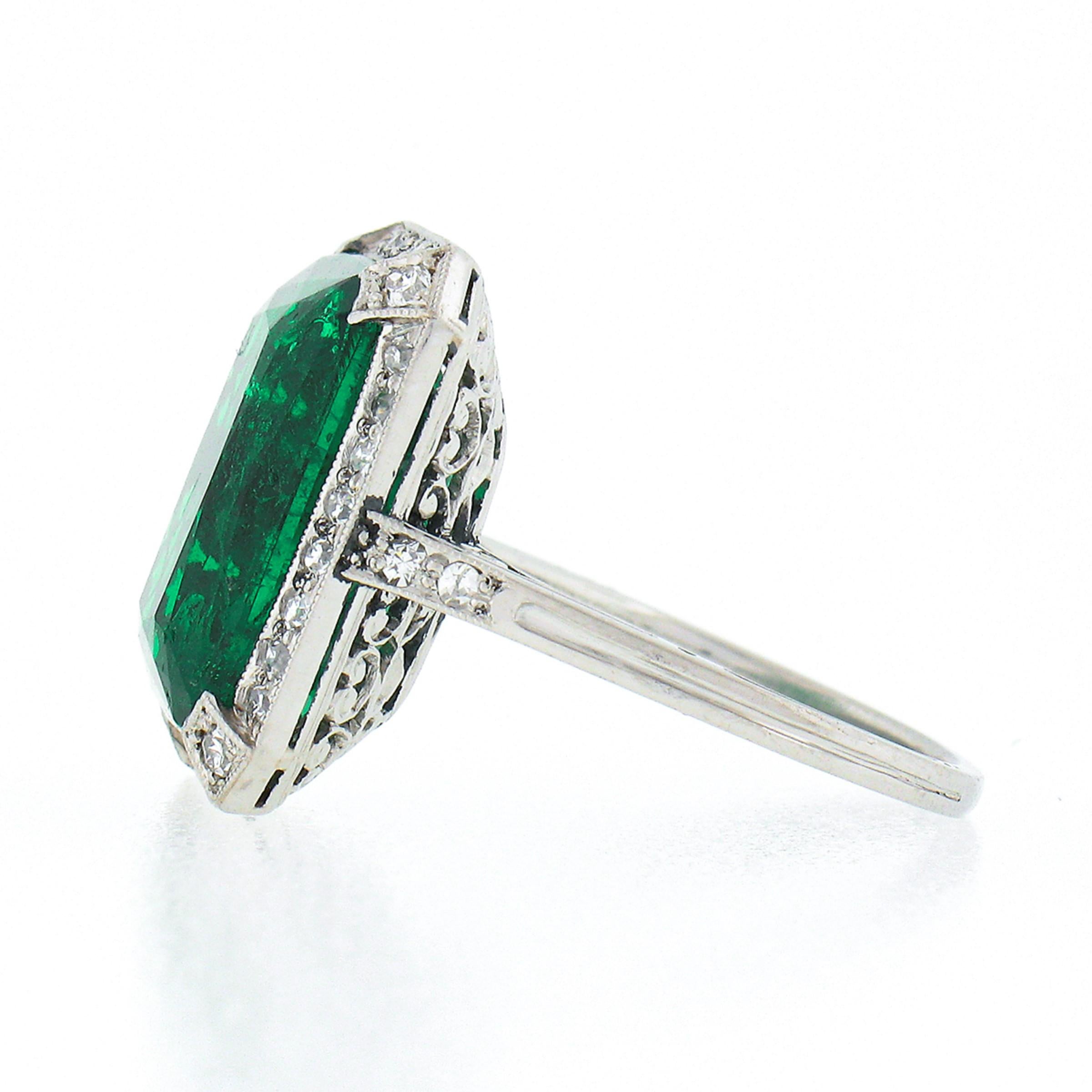 Antique Edwardian Platinum 6.55ct AGL Fine Colombian Emerald & Diamond Halo Ring 2