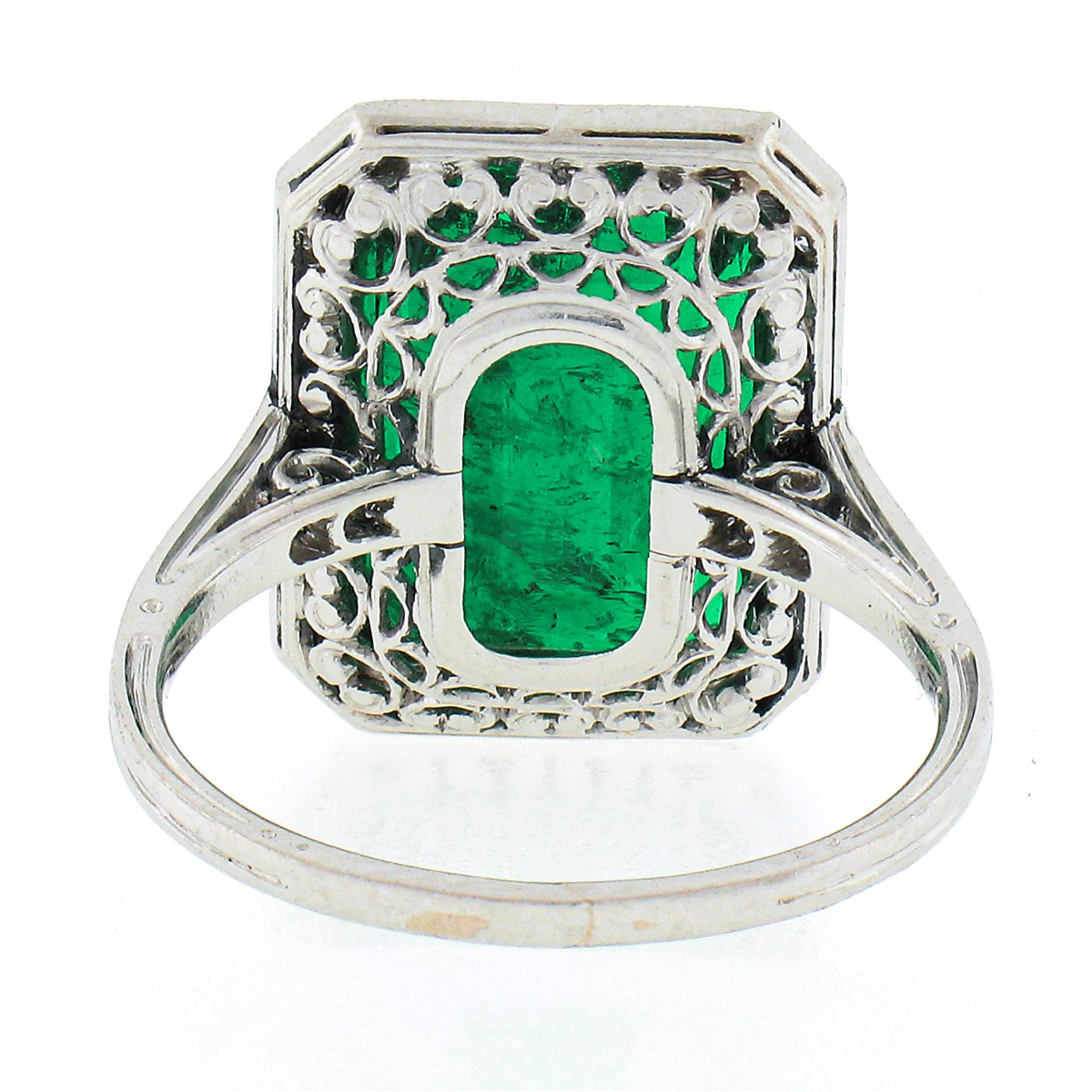 Antique Edwardian Platinum 6.55ct AGL Fine Colombian Emerald & Diamond Halo Ring 3