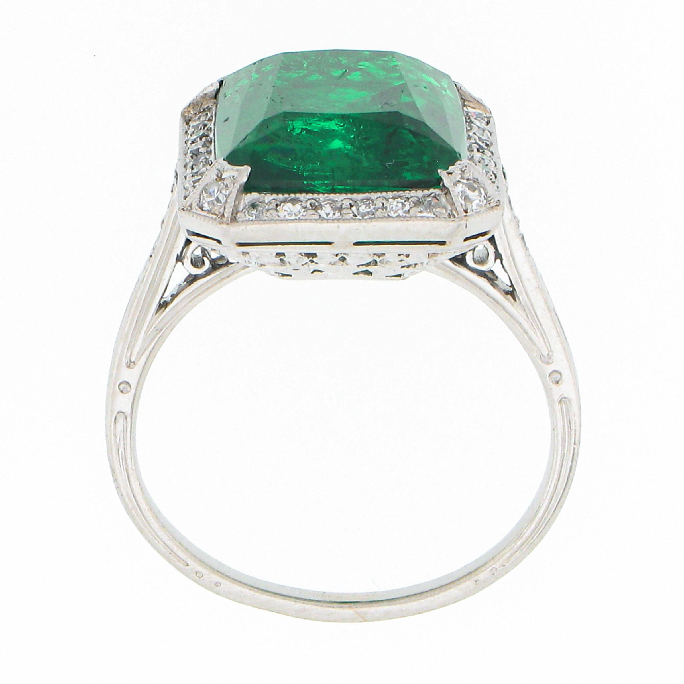 Antique Edwardian Platinum 6.55ct AGL Fine Colombian Emerald & Diamond Halo Ring 4