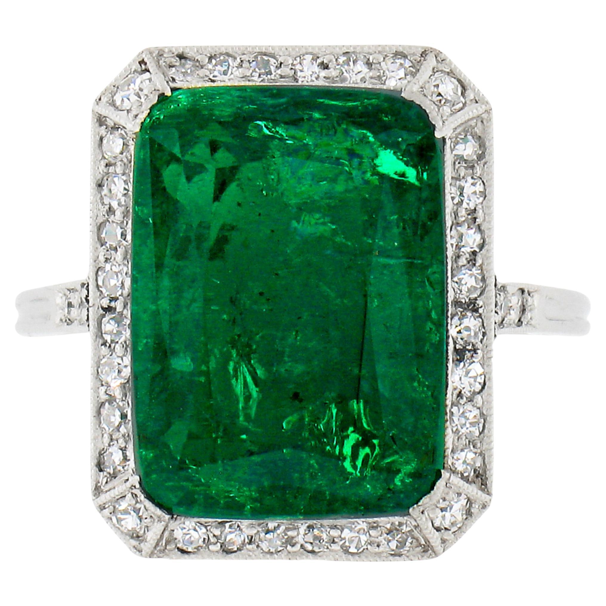 Antique Edwardian Emerald Diamond Platinum Ring For Sale at 1stDibs