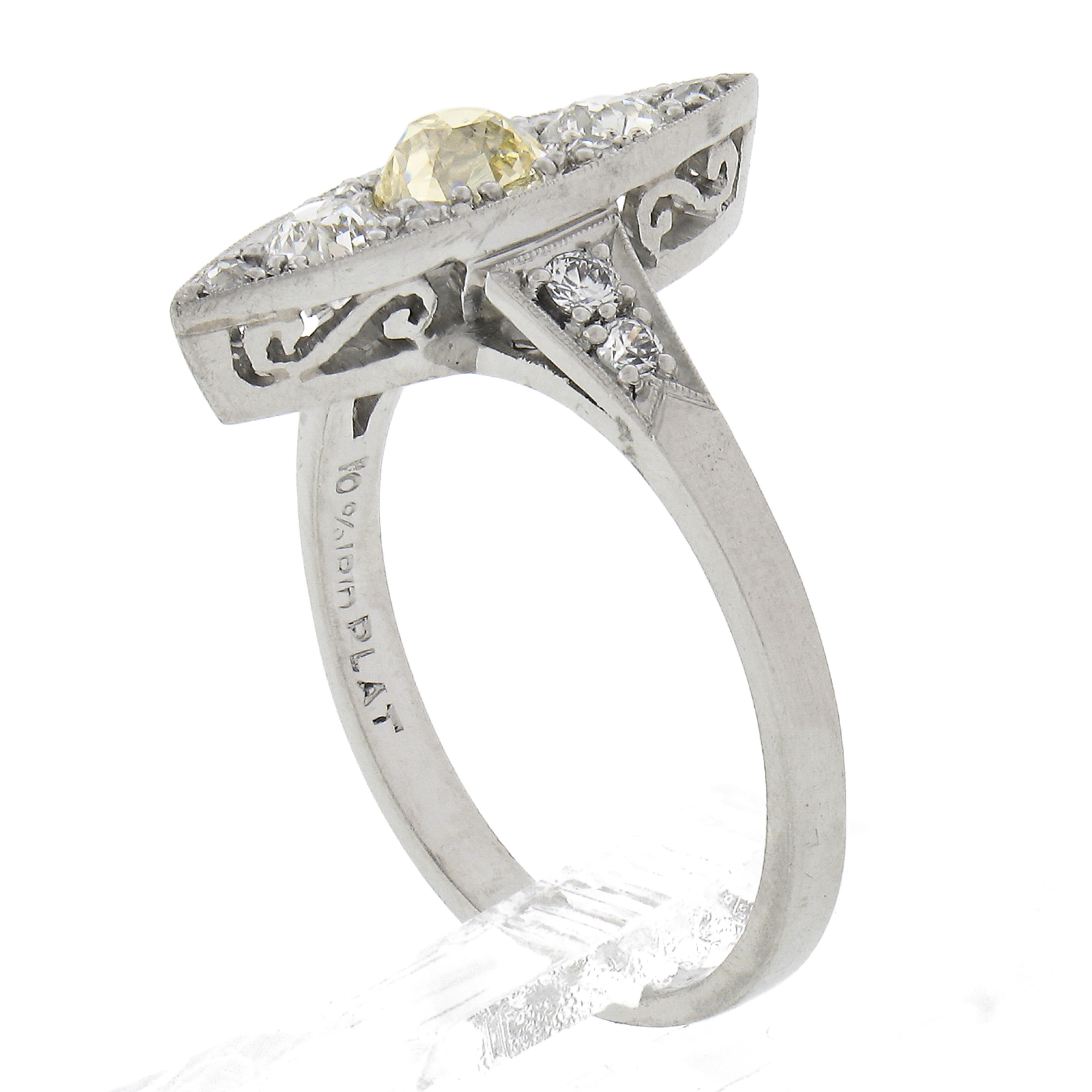 Antique Edwardian Platinum .87ctw Gia Fancy Yellow Diamond Marquise Navette Ring For Sale 5