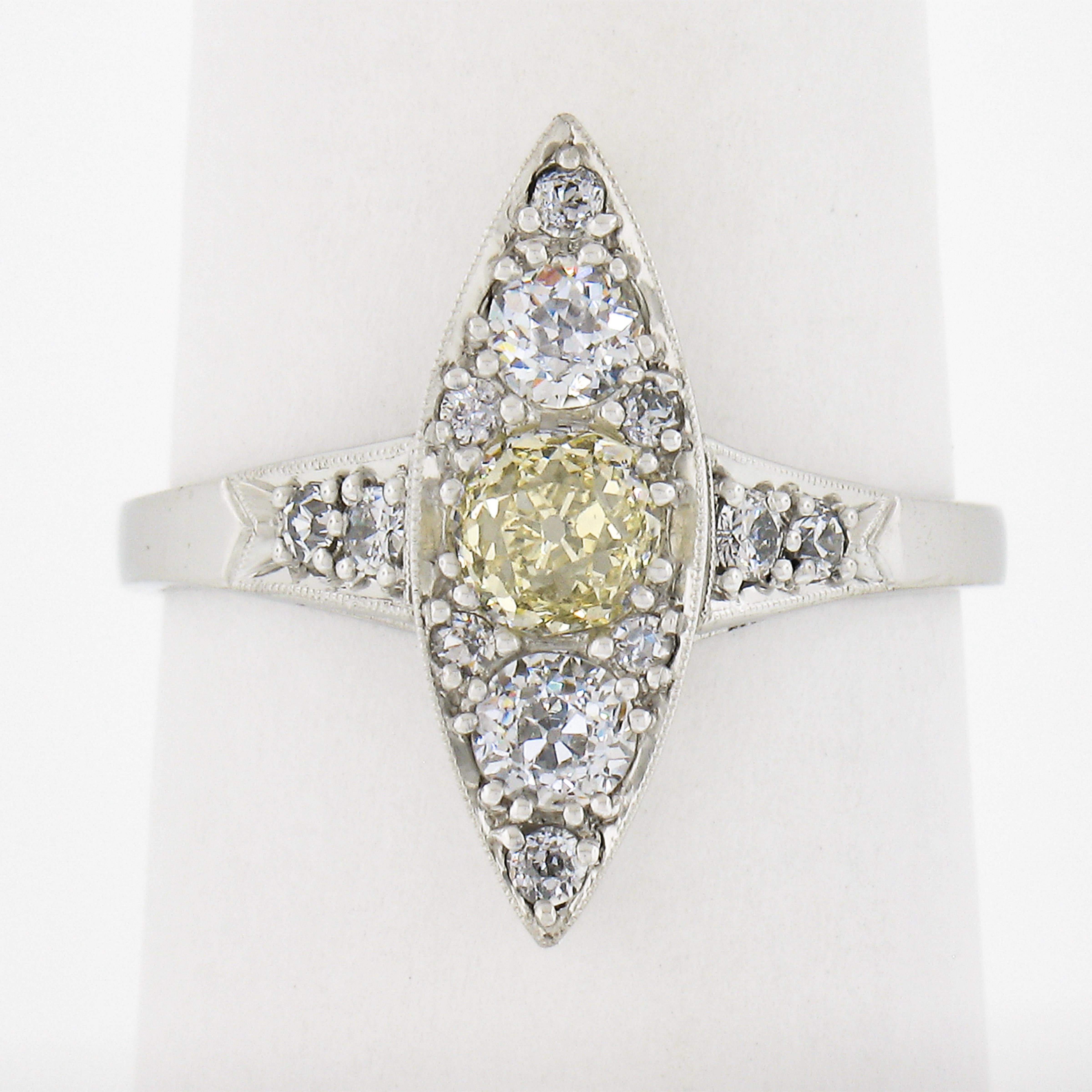 Old Mine Cut Antique Edwardian Platinum .87ctw Gia Fancy Yellow Diamond Marquise Navette Ring For Sale