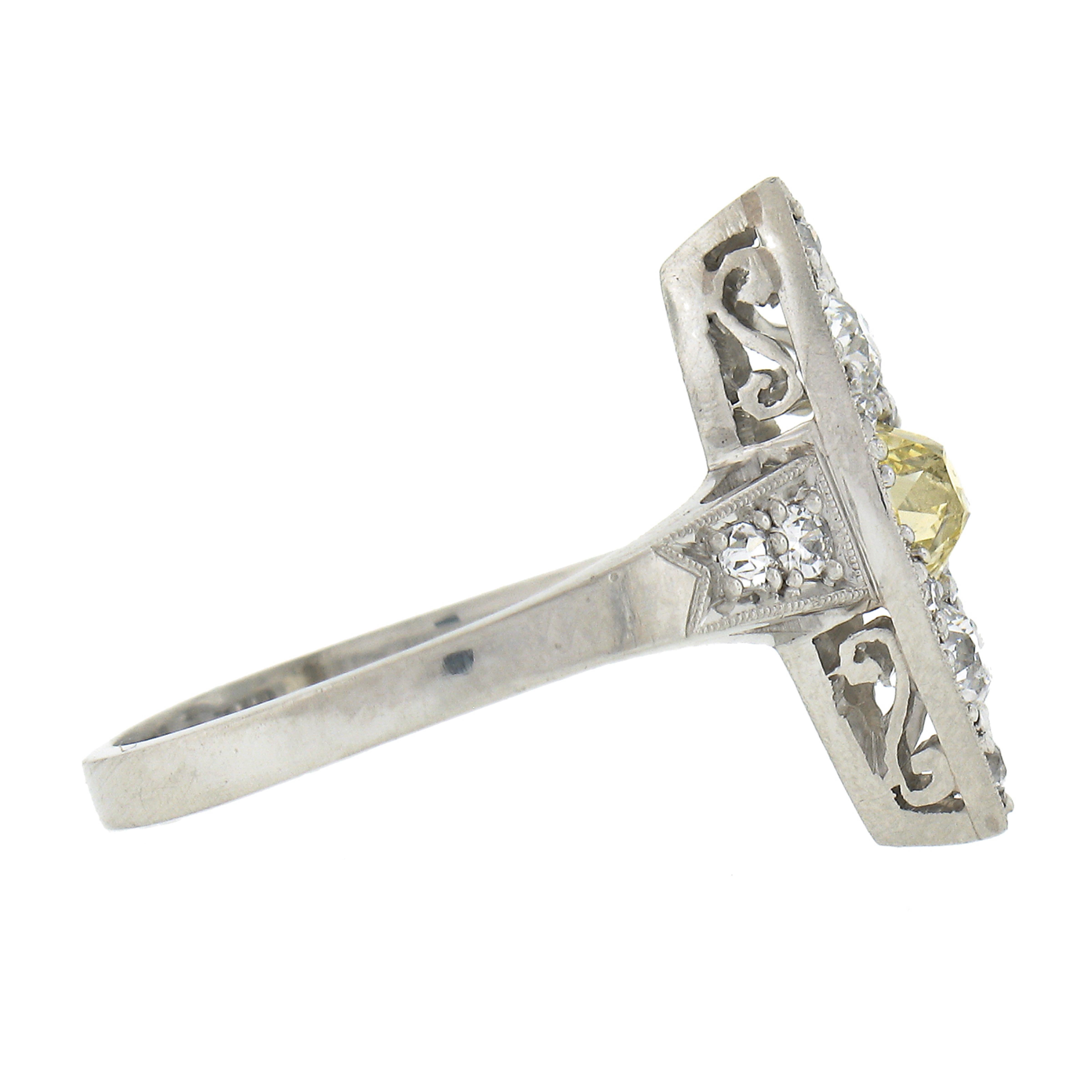Antique Edwardian Platinum .87ctw Gia Fancy Yellow Diamond Marquise Navette Ring For Sale 1