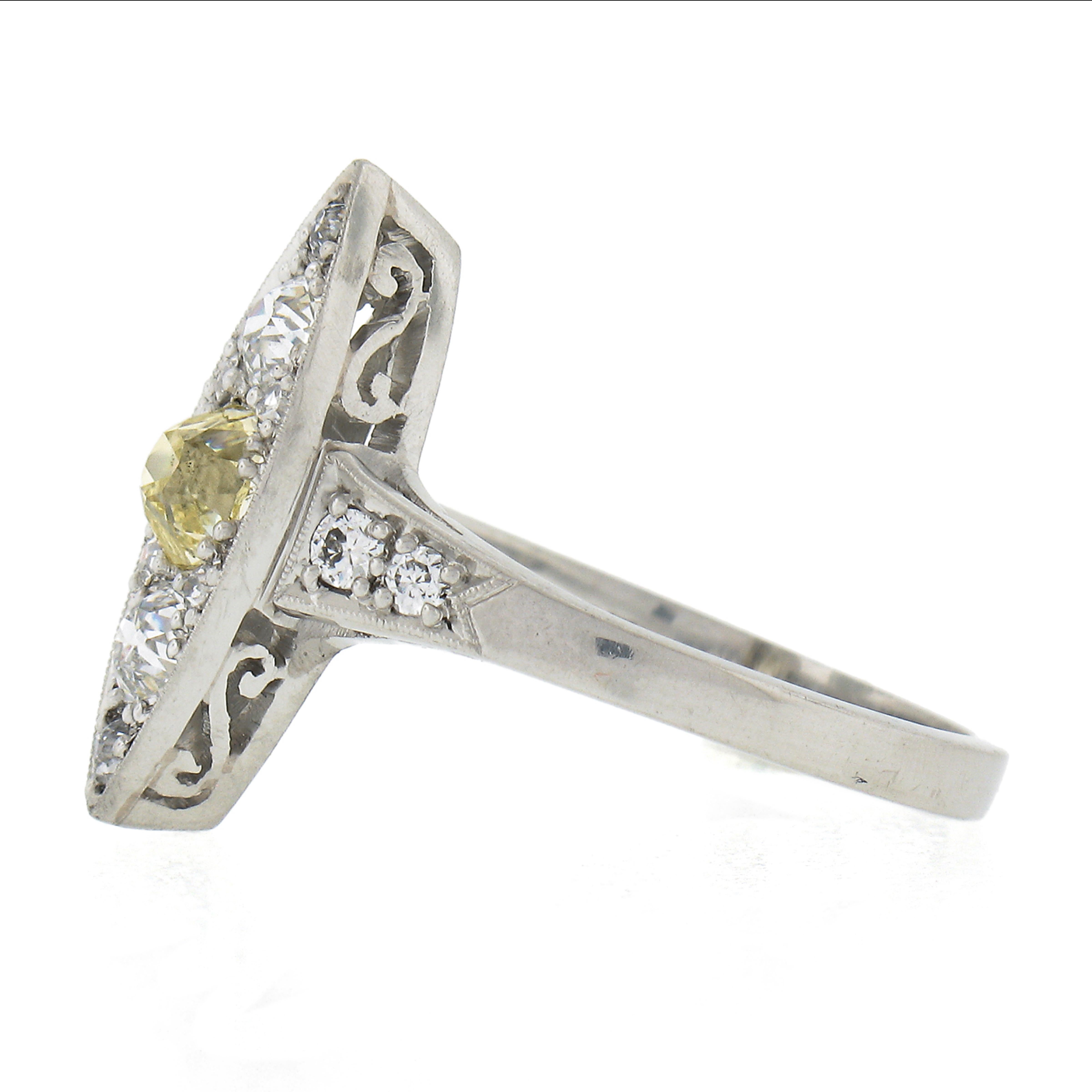 Antique Edwardian Platinum .87ctw Gia Fancy Yellow Diamond Marquise Navette Ring For Sale 2