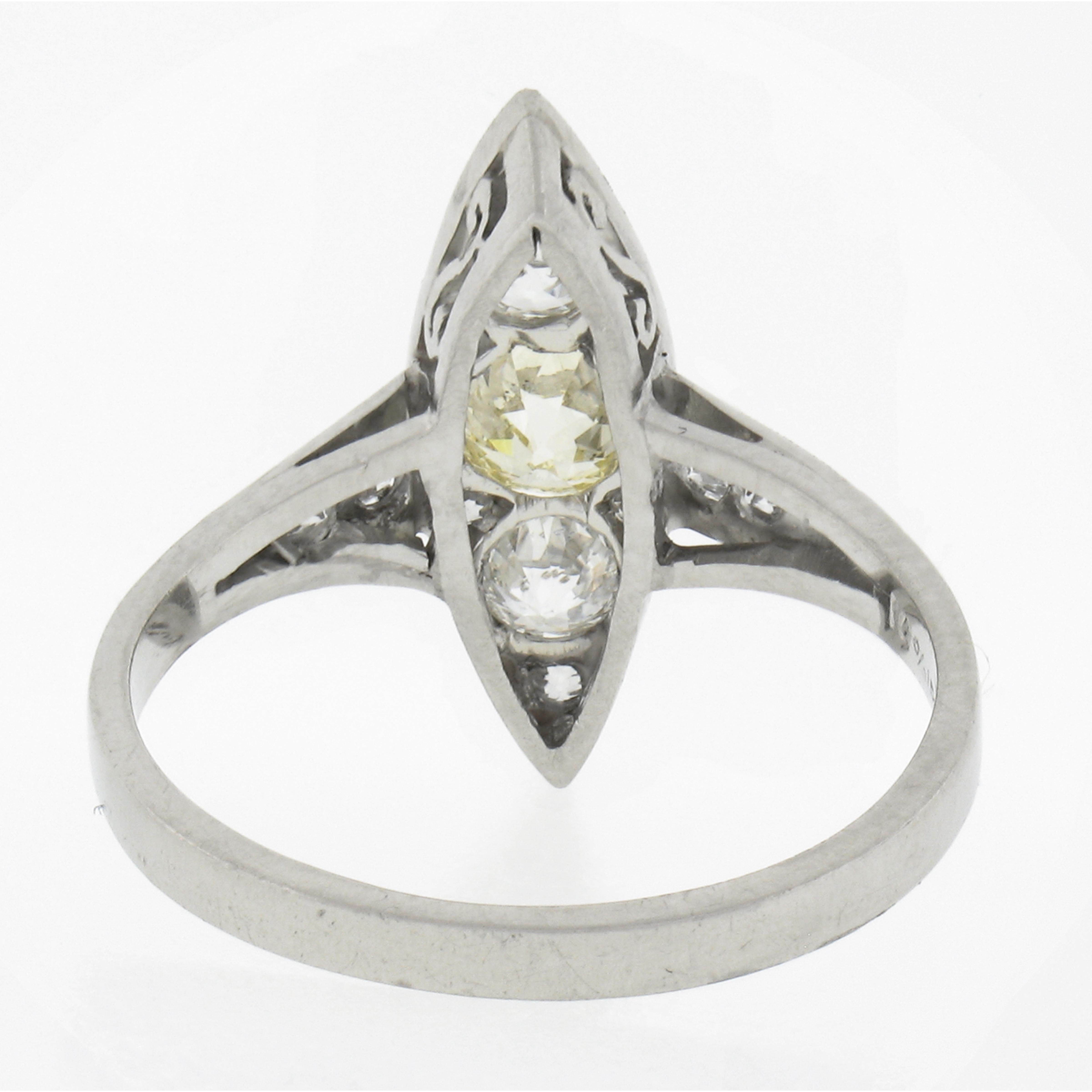 Antique Edwardian Platinum .87ctw Gia Fancy Yellow Diamond Marquise Navette Ring For Sale 3