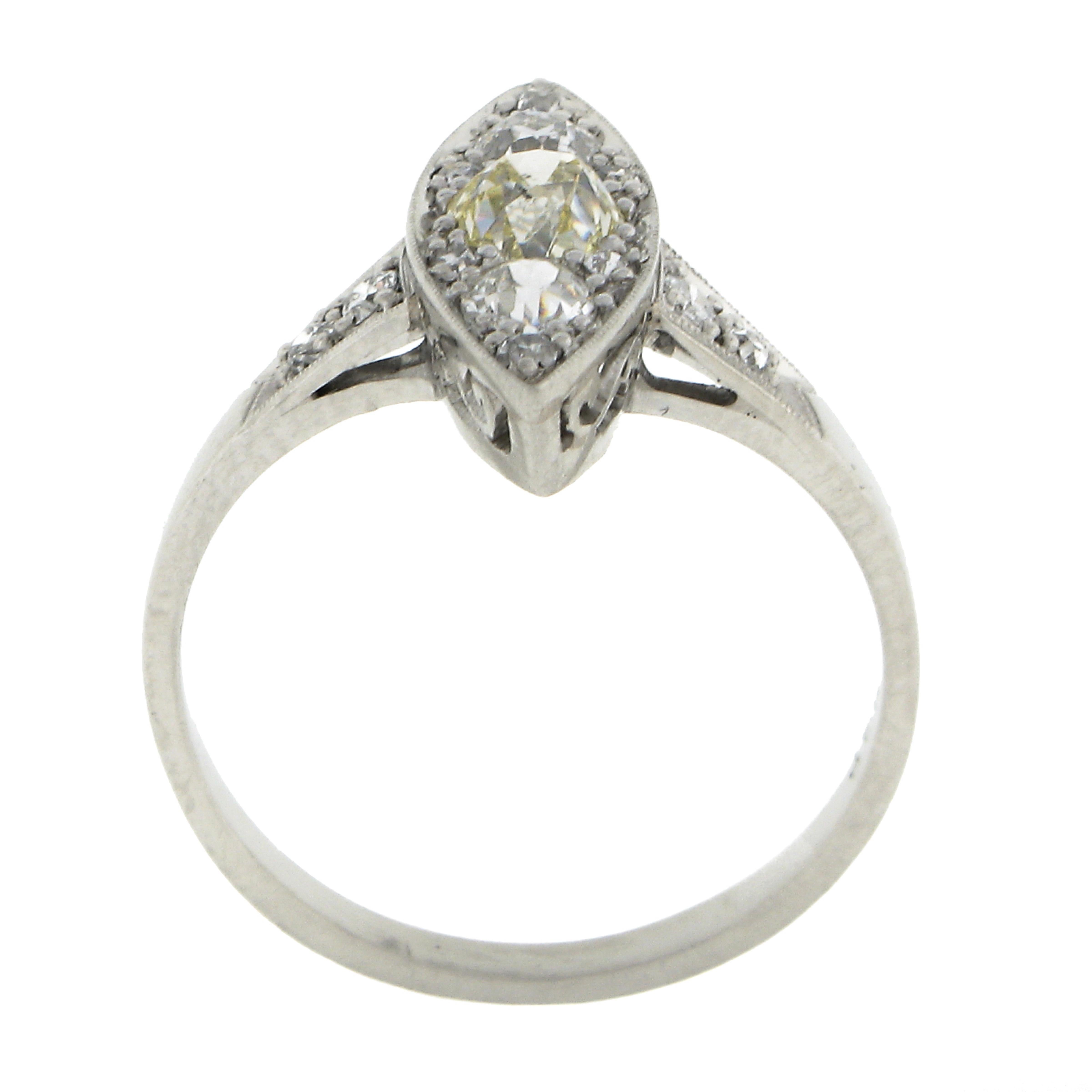Antique Edwardian Platinum .87ctw Gia Fancy Yellow Diamond Marquise Navette Ring For Sale 4