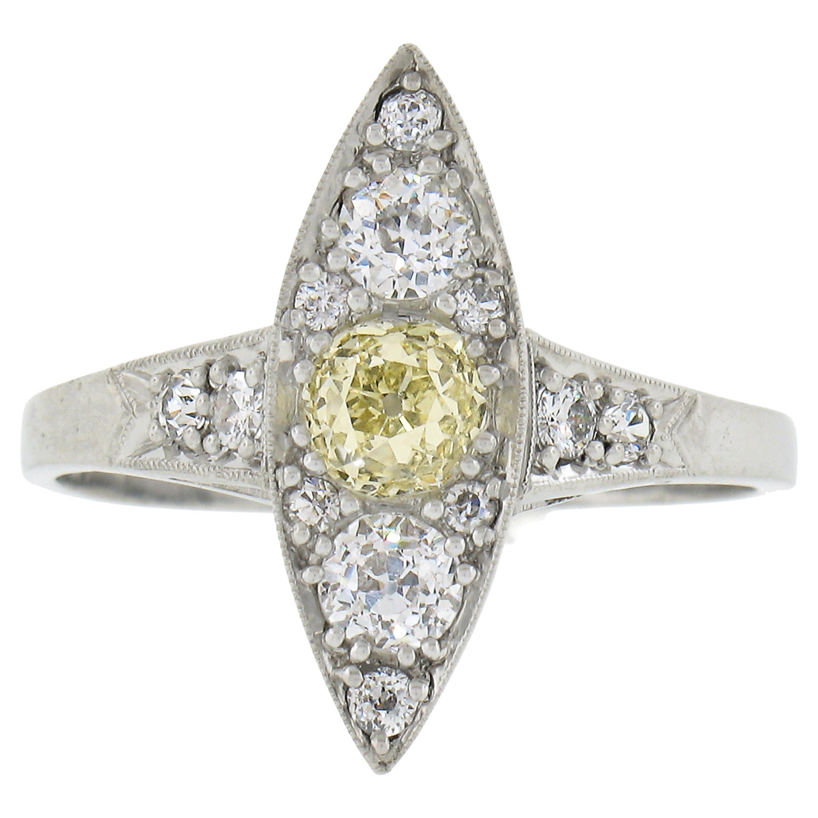 Antique Edwardian Platinum .87ctw Gia Fancy Yellow Diamond Marquise Navette Ring For Sale