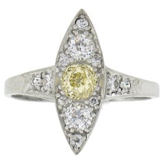 Antique Edwardian Platinum .87ctw Gia Fancy Yellow Diamond Marquise Navette Ring