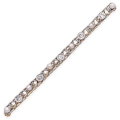 Antique Edwardian Platinum and 14k Yellow Gold Diamond and Seed Pearl Bar Brooch