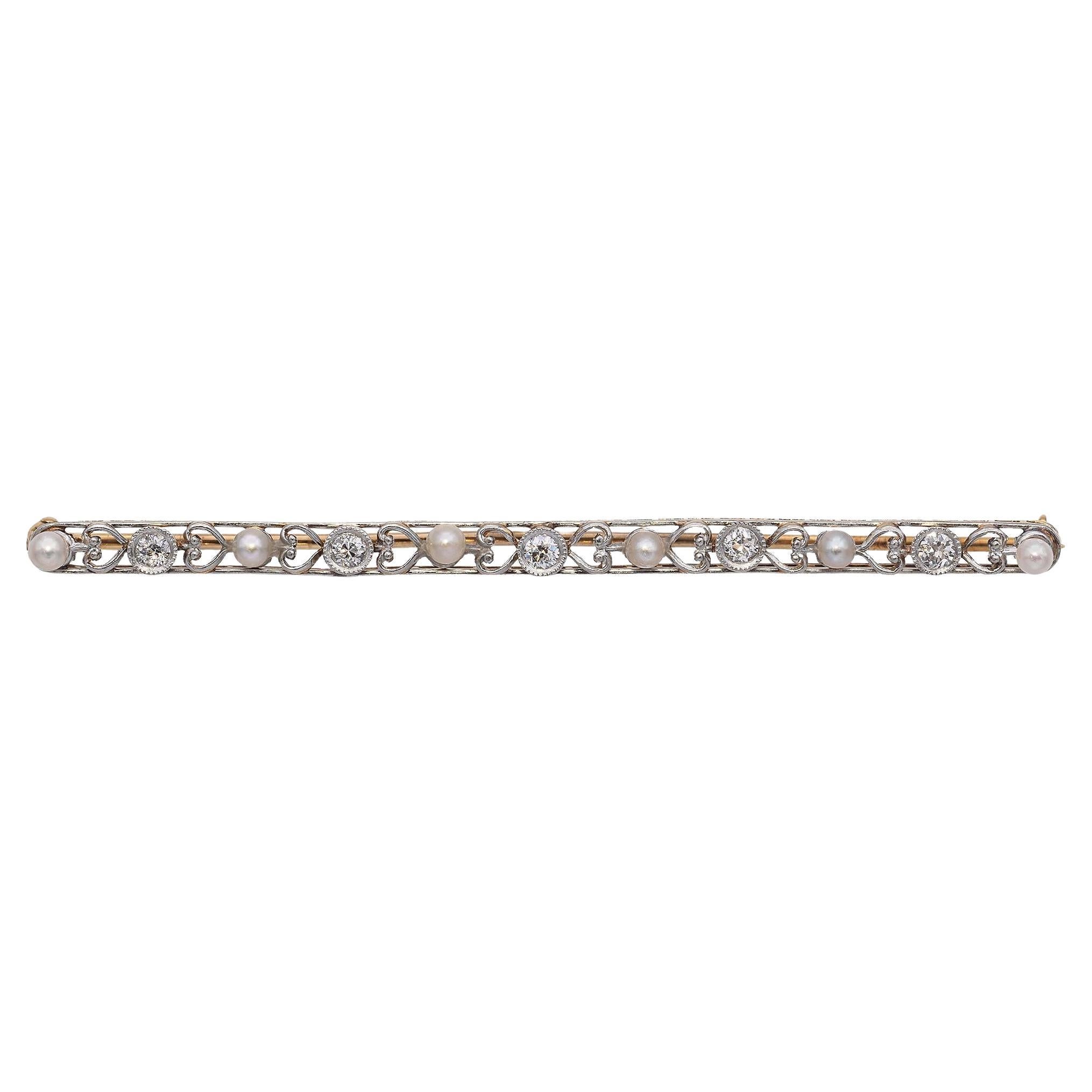 Antiguo broche eduardiano de platino y oro amarillo de 14 quilates con diamantes y perlas semilla