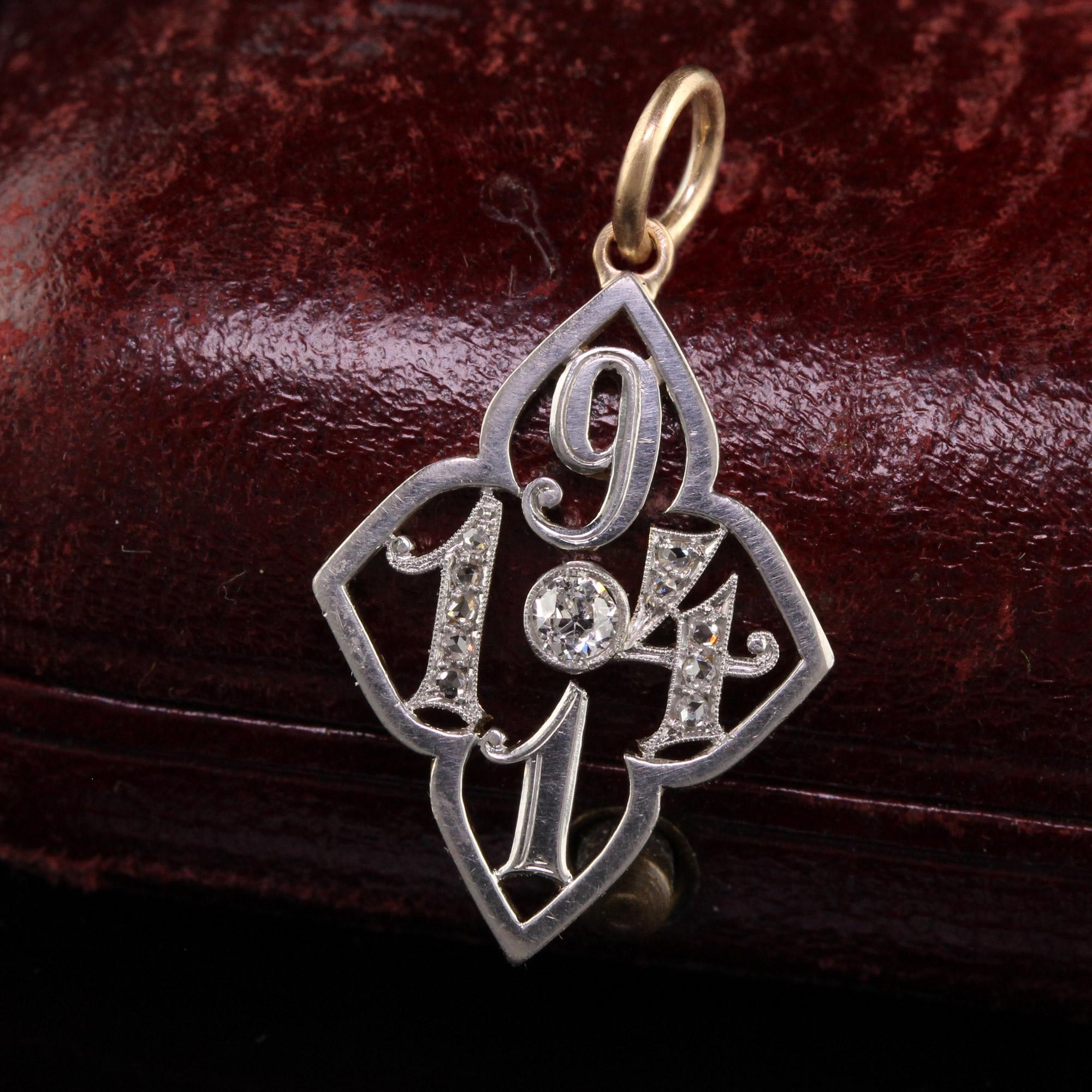 Beautiful Antique Edwardian Platinum and 18K Yellow Gold 1914 Date Charm Pendant. This beautiful pendant is crafted in platinum and 18k yellow gold. The pin has old european cut diamonds set in the date 1914 and is in great condition. This was