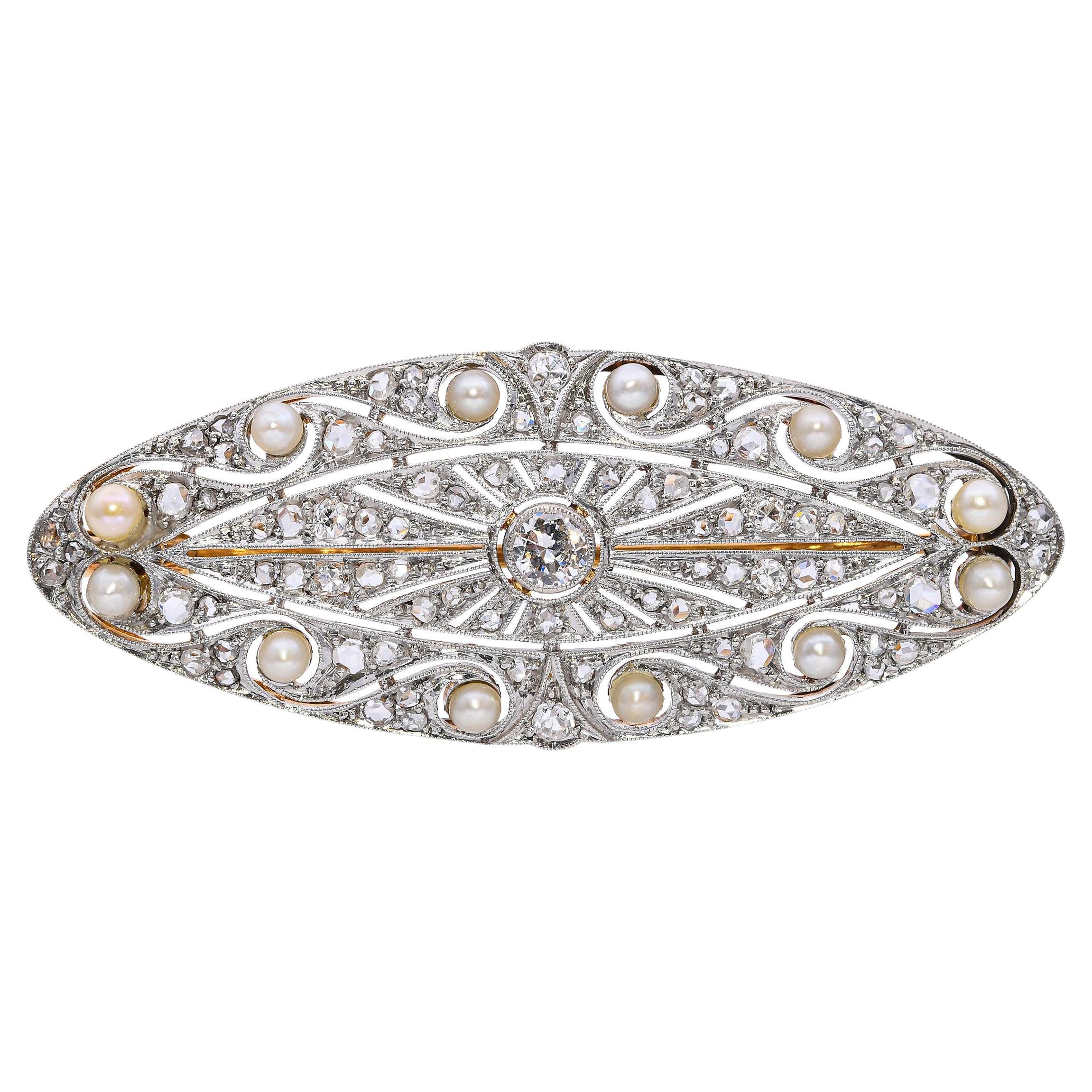 Antique Edwardian Platinum and 18K Yellow Gold Diamond and Pearl Navette Brooch