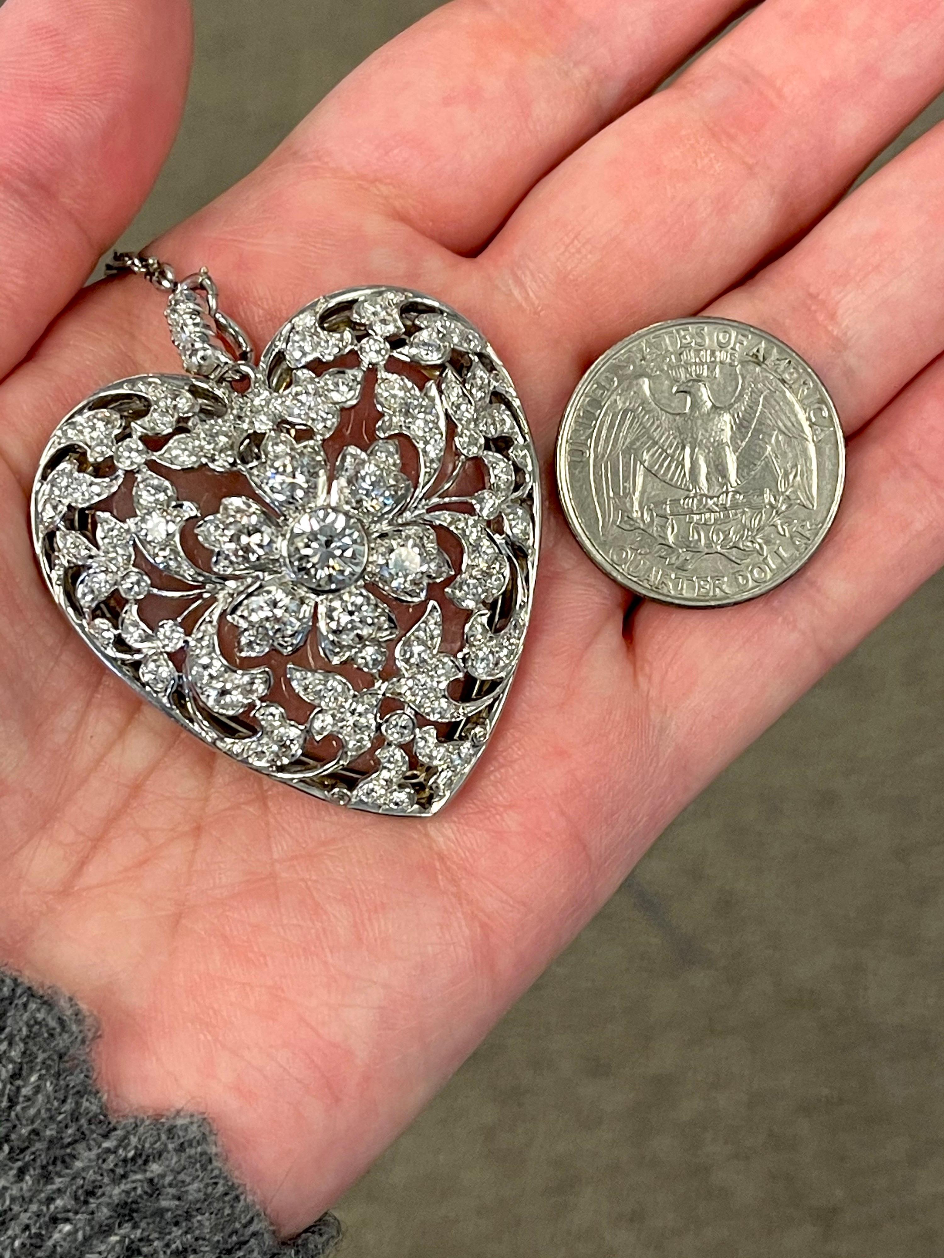 Antique Edwardian Platinum and Gold Diamond Heart Pendant with Original Crystal In Good Condition In New York, NY