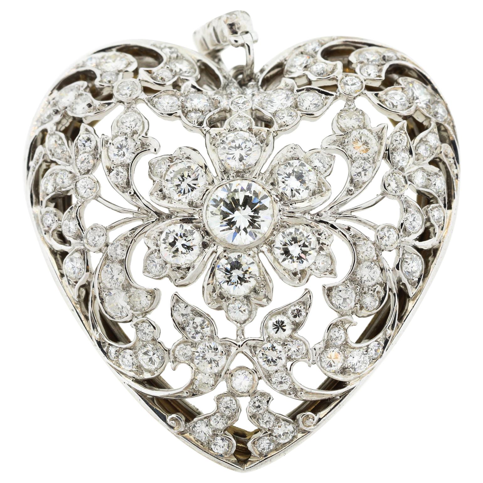 Antique Edwardian Platinum and Gold Diamond Heart Pendant with Original Crystal