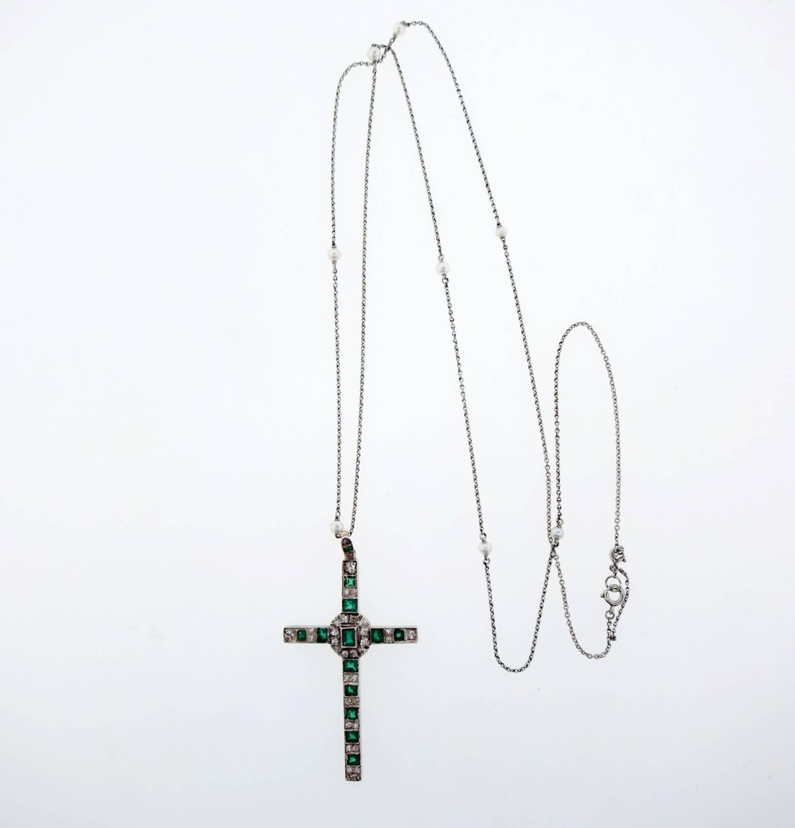 Old Mine Cut Antique Edwardian Platinum and Gold Emerald and Diamond Cross on Platinum Chain For Sale