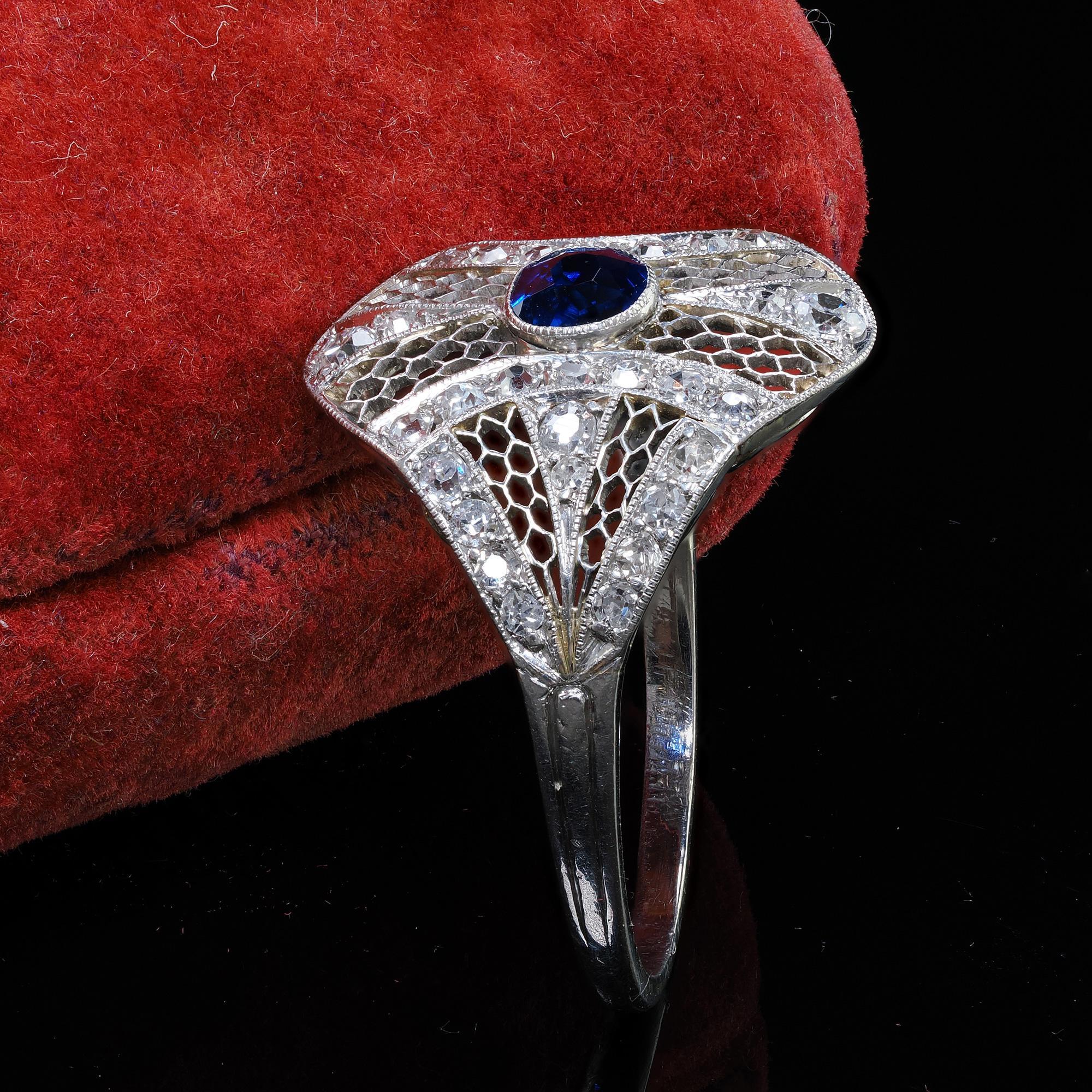 Antique Cushion Cut Antique Edwardian Platinum and White Gold Diamond Sapphire Filigree Ring - GIA