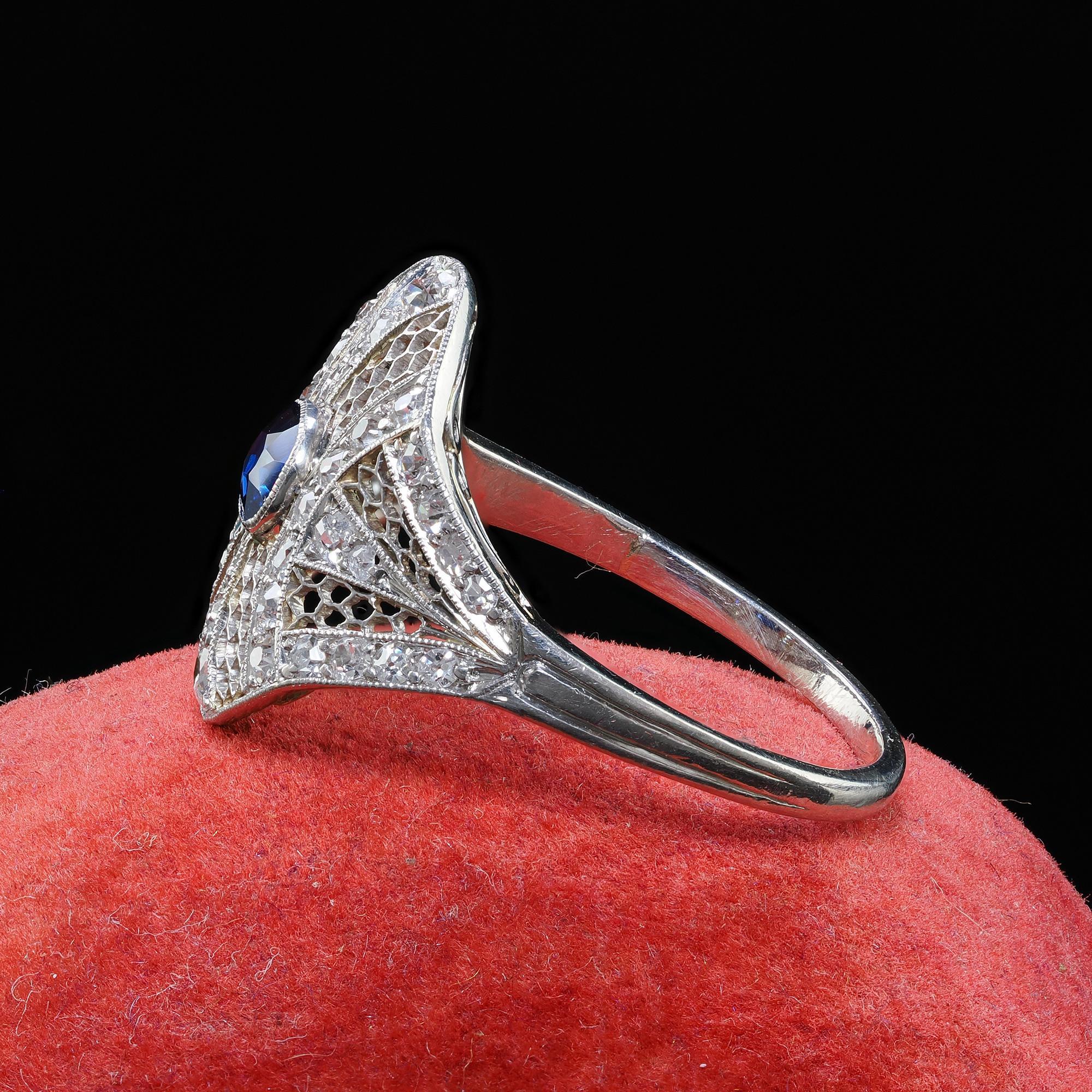 Women's Antique Edwardian Platinum and White Gold Diamond Sapphire Filigree Ring - GIA