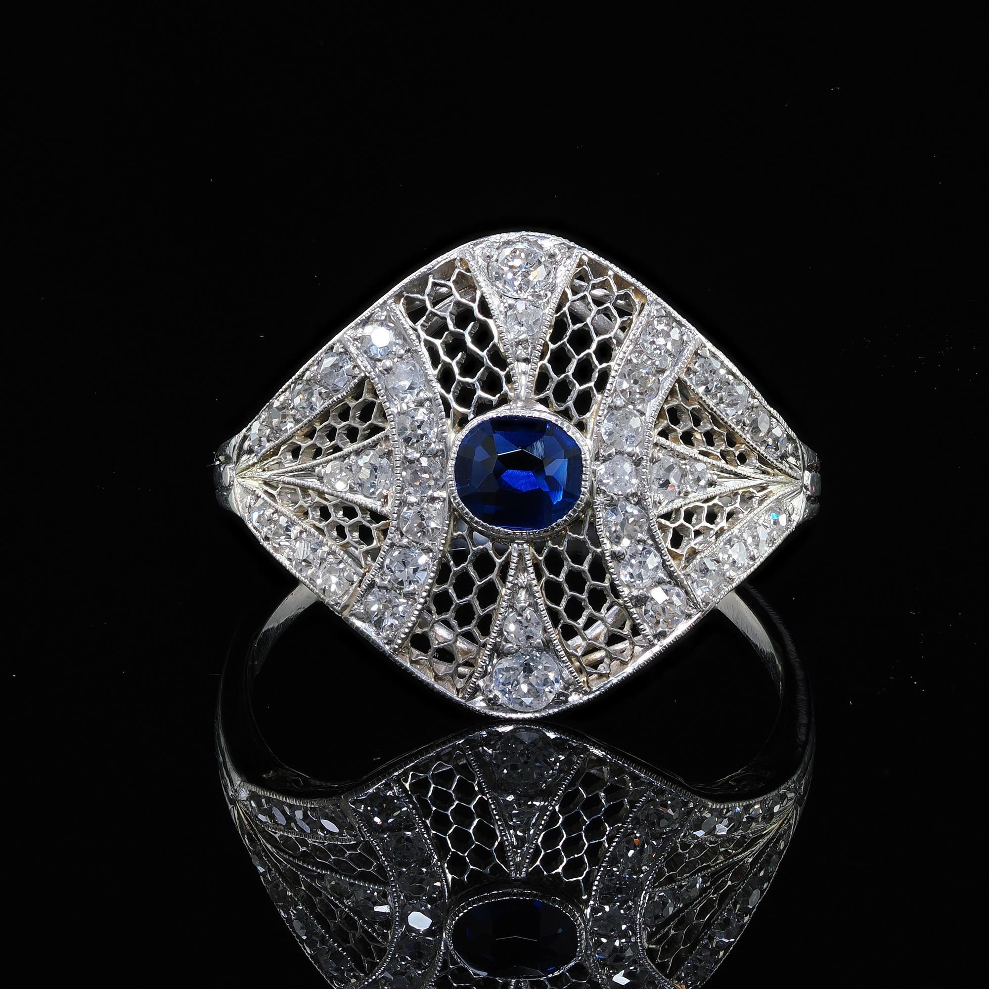 Antique Edwardian Platinum and White Gold Diamond Sapphire Filigree Ring - GIA 1