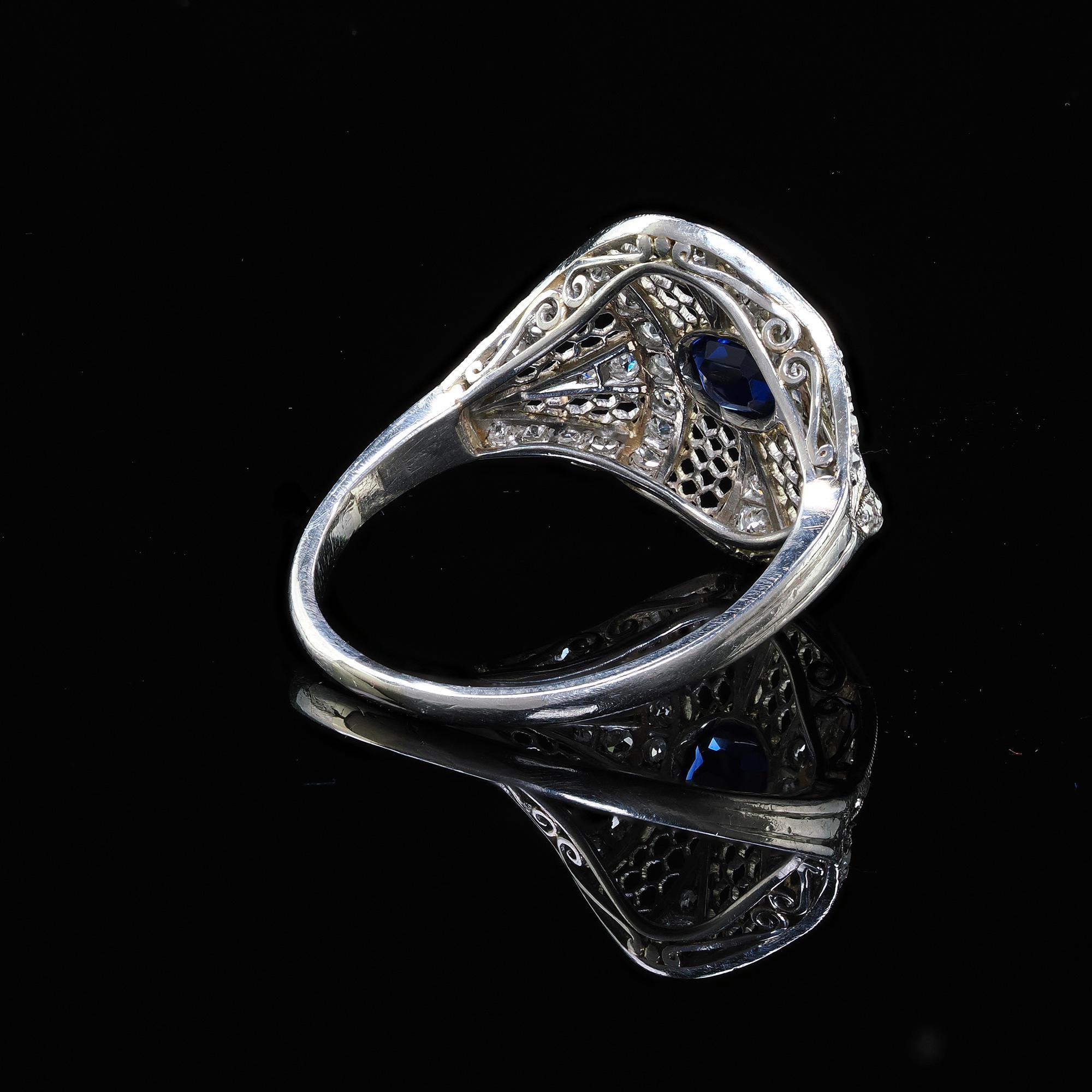 Antique Edwardian Platinum and White Gold Diamond Sapphire Filigree Ring - GIA 2