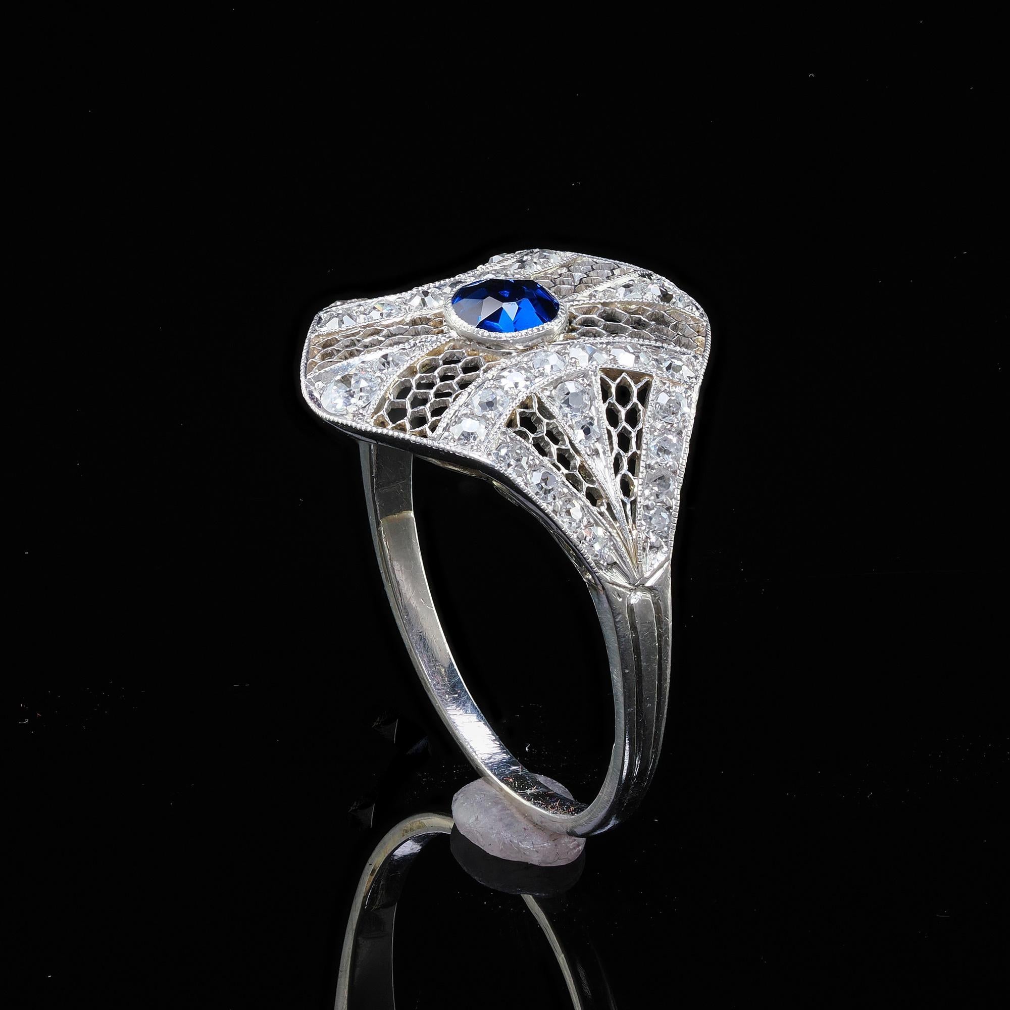 Antique Edwardian Platinum and White Gold Diamond Sapphire Filigree Ring - GIA 3