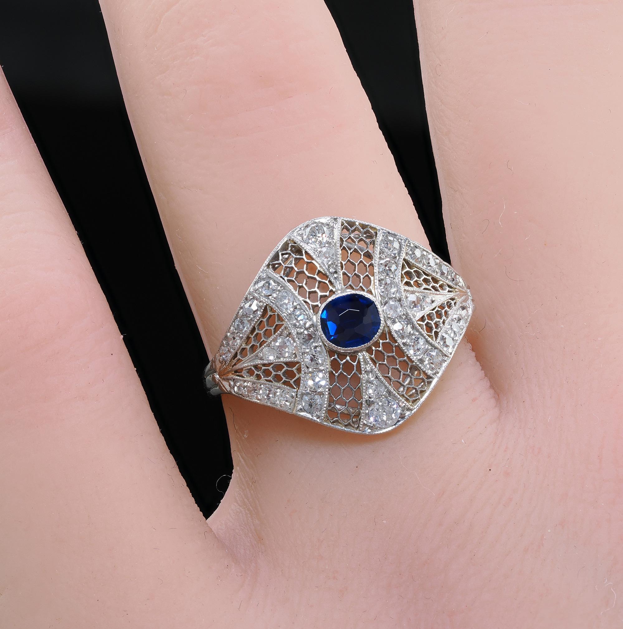 Antique Edwardian Platinum and White Gold Diamond Sapphire Filigree Ring - GIA 4
