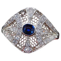 Antique Edwardian Platinum and White Gold Diamond Sapphire Filigree Ring - GIA