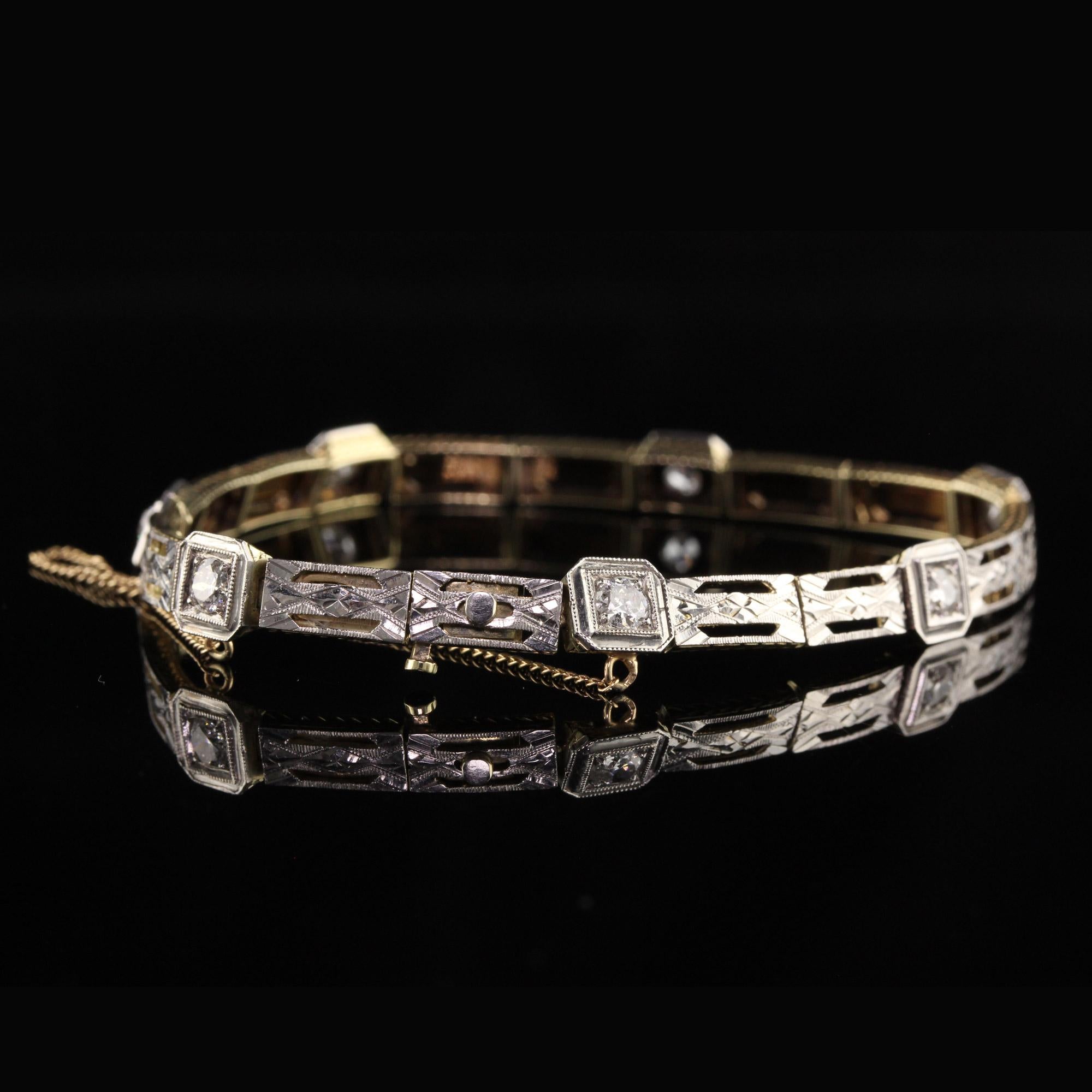 Antique Edwardian Platinum and Yellow Gold Old Euro Diamond Engraved Bracelet In Good Condition In Great Neck, NY