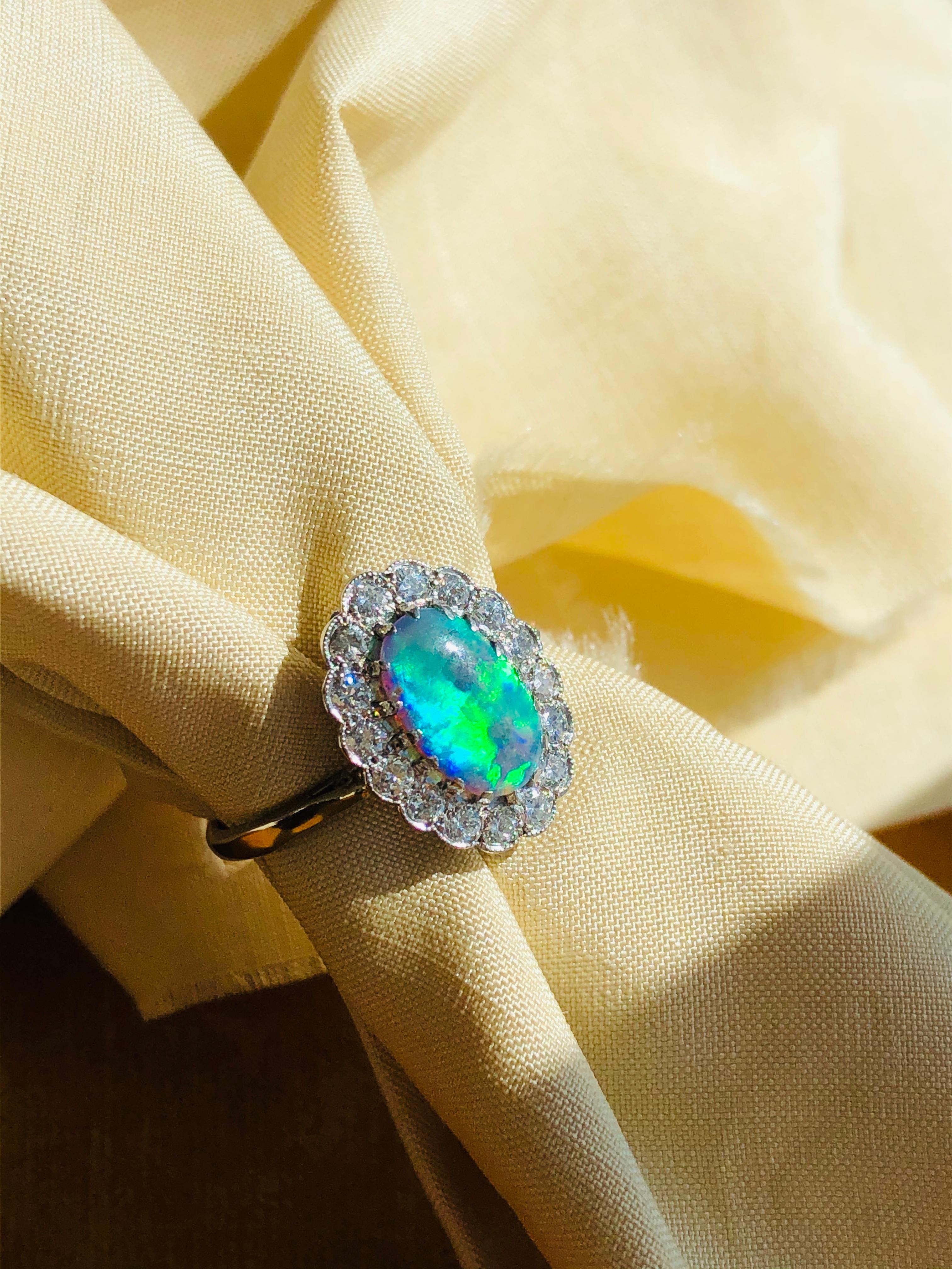 Cabochon Antique, Edwardian, Platinum Black Opal and Diamond Cluster Ring