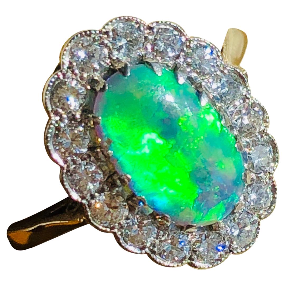 Antique, Edwardian, Platinum Black Opal and Diamond Cluster Ring