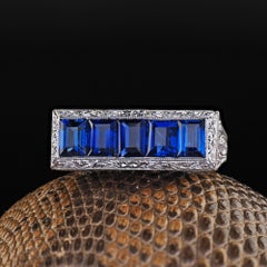 Antique Edwardian Platinum Blue Sapphire Diamond Filigree Five Stone Ring - GIA