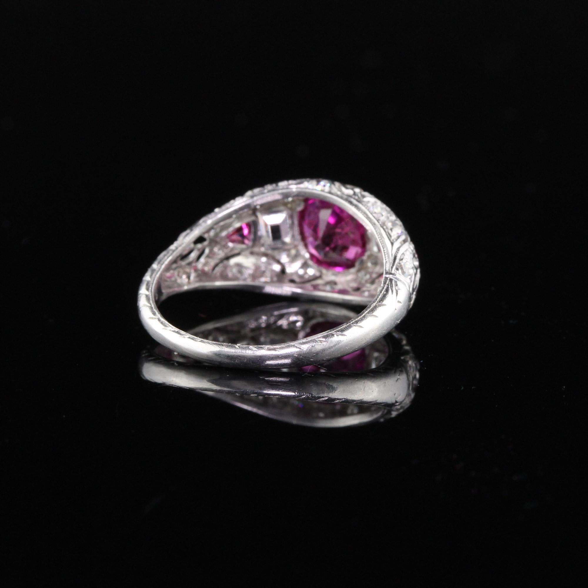 Antique Edwardian Platinum Burma No Heat Ruby and Diamond Engagement Ring In Excellent Condition In Great Neck, NY