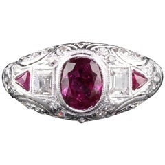 Antique Edwardian Platinum Burma No Heat Ruby and Diamond Engagement Ring