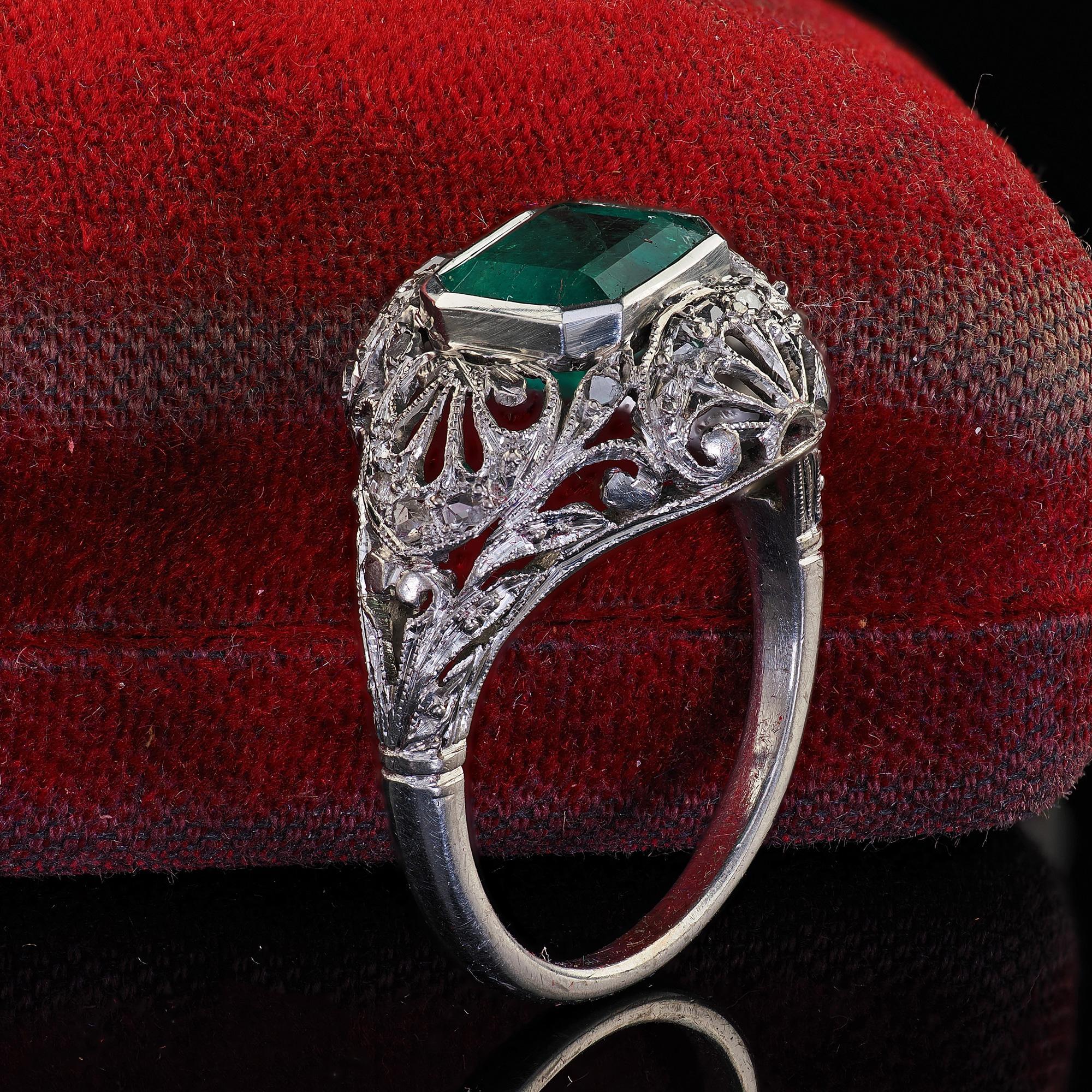 Emerald Cut Antique Edwardian Platinum Colombian Emerald Diamond Filigree Engagement Ring For Sale