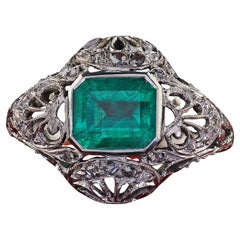 Antique Edwardian Platinum Colombian Emerald Diamond Filigree Engagement Ring