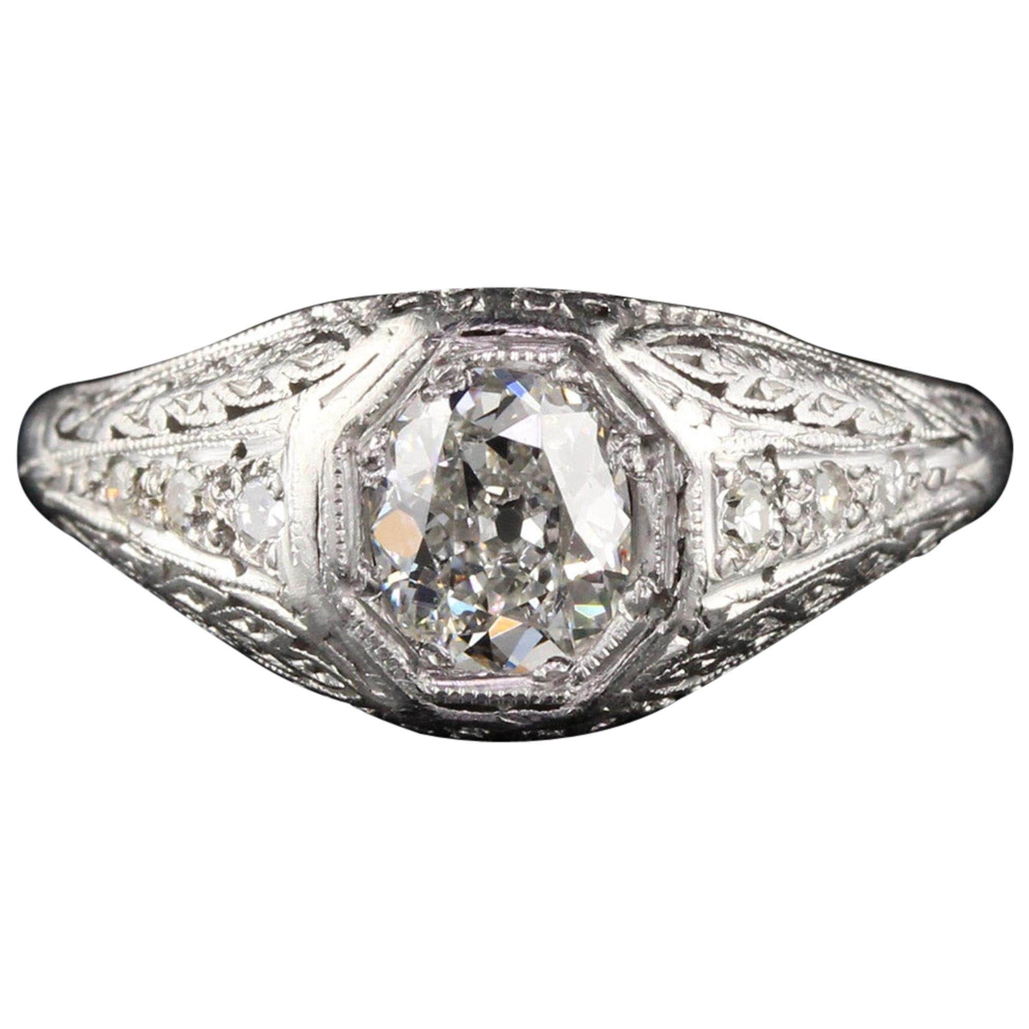 Antique Edwardian Platinum Cushion Cut Diamond Engagement Ring, GIA