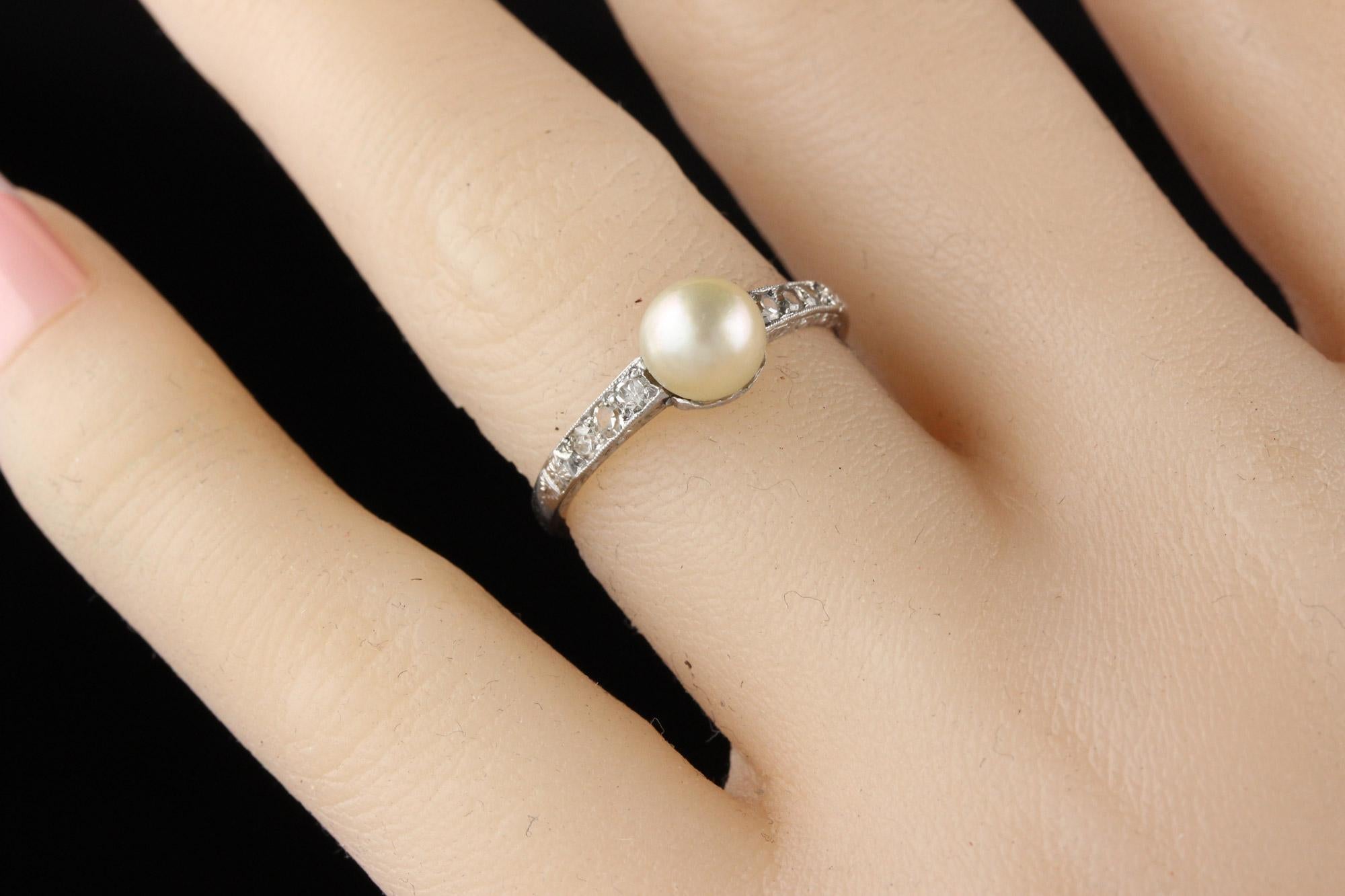 Antique Edwardian Platinum Diamond and Natural Pearl Ring In Good Condition In Great Neck, NY