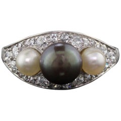 Antique Edwardian Platinum, Diamond and Pearl 3-Stone Ring