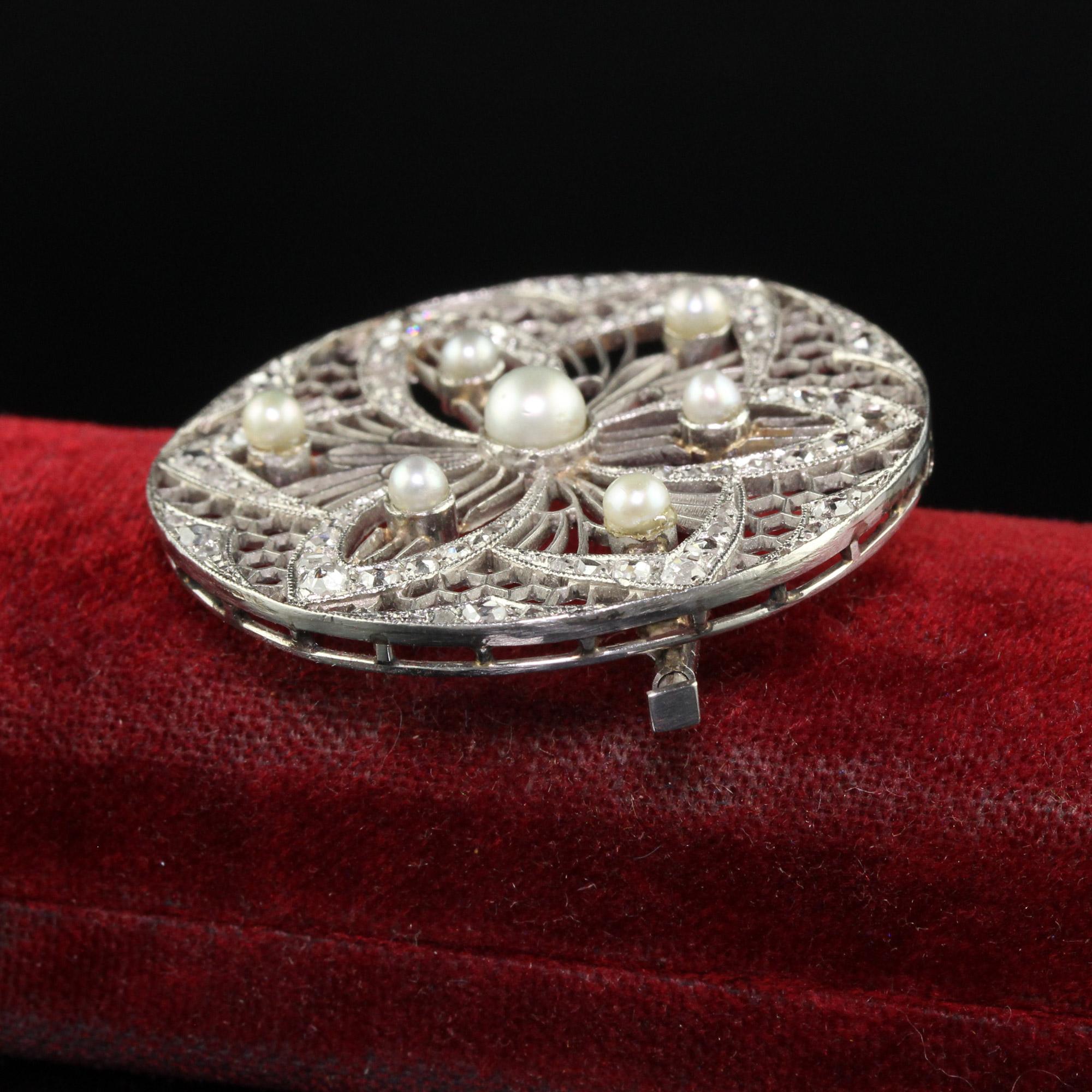 Women's or Men's Antique Edwardian Platinum Diamond and Pearl Filigree Pin For Sale