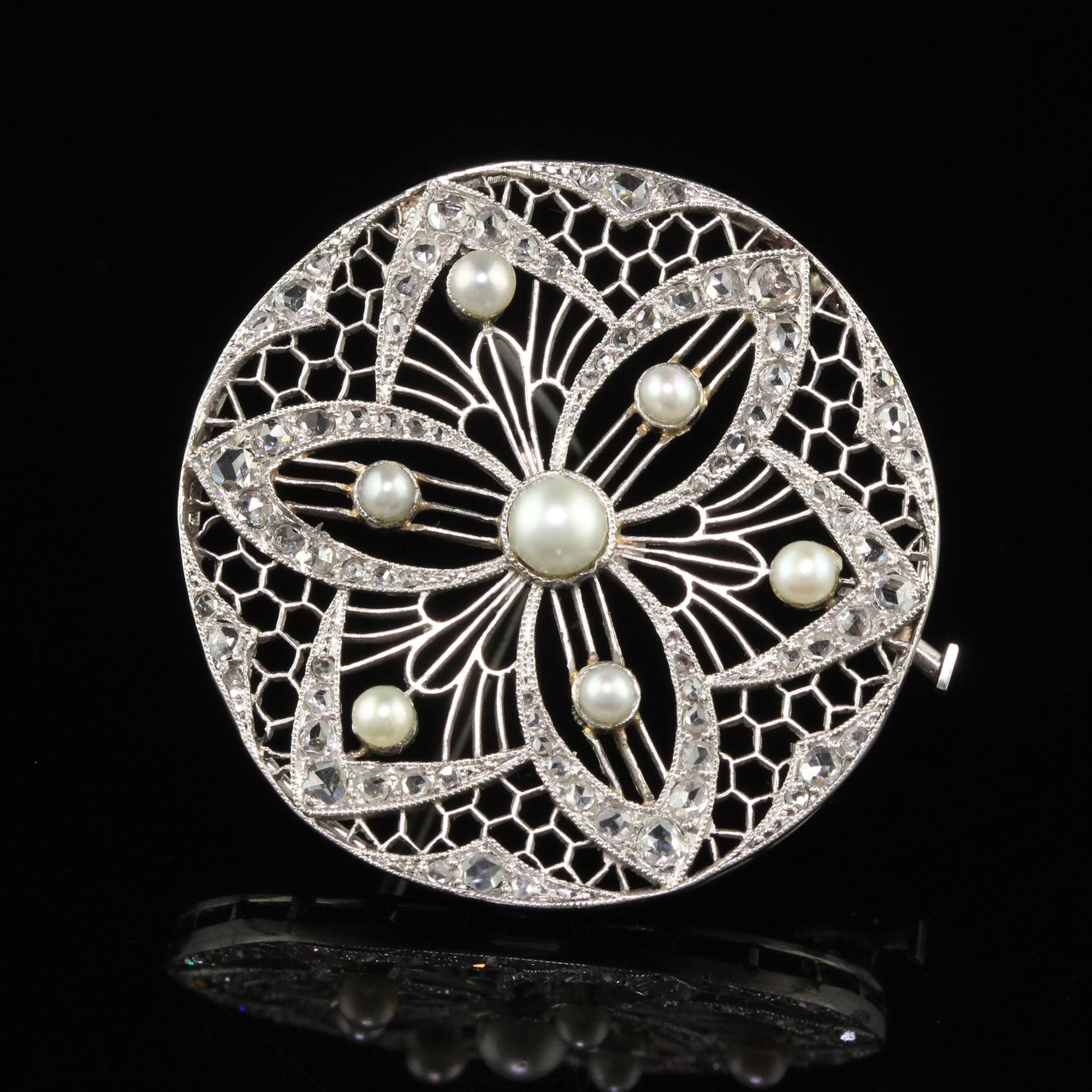 Antique Edwardian Platinum Diamond and Pearl Filigree Pin For Sale 1