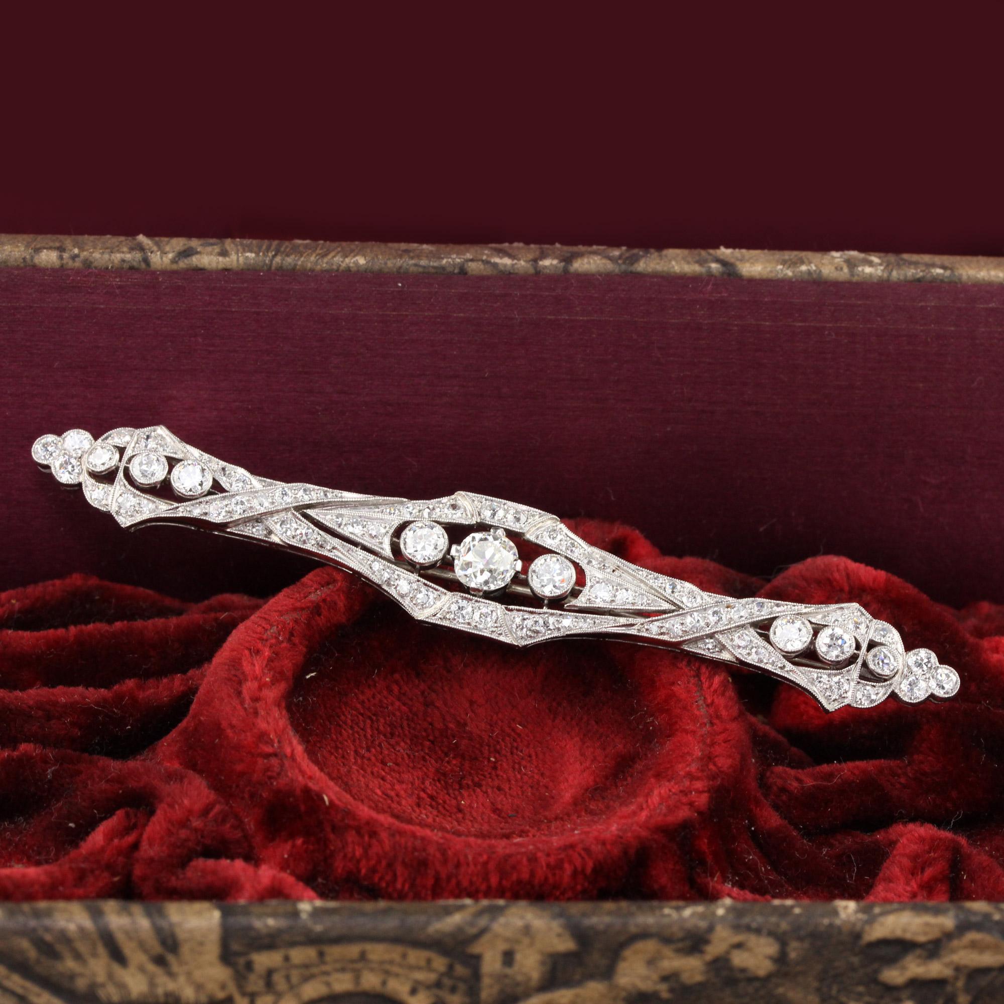 Magnificent Edwardian platinum & old cut diamond bar brooch. This is an incredible brooch unlike any other.

Metal: Platinum

Weight: 17.5 Grams

Diamond Weight: Approximately 4 cts

Diamond Color: H - I

Diamond Clarity: VS2

Measurements: 19 x 93