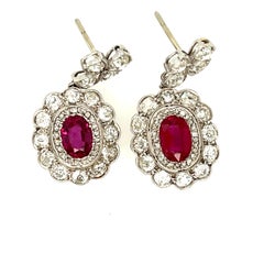 Antique Edwardian Platinum Diamond Burma Ruby Dangle Earrings
