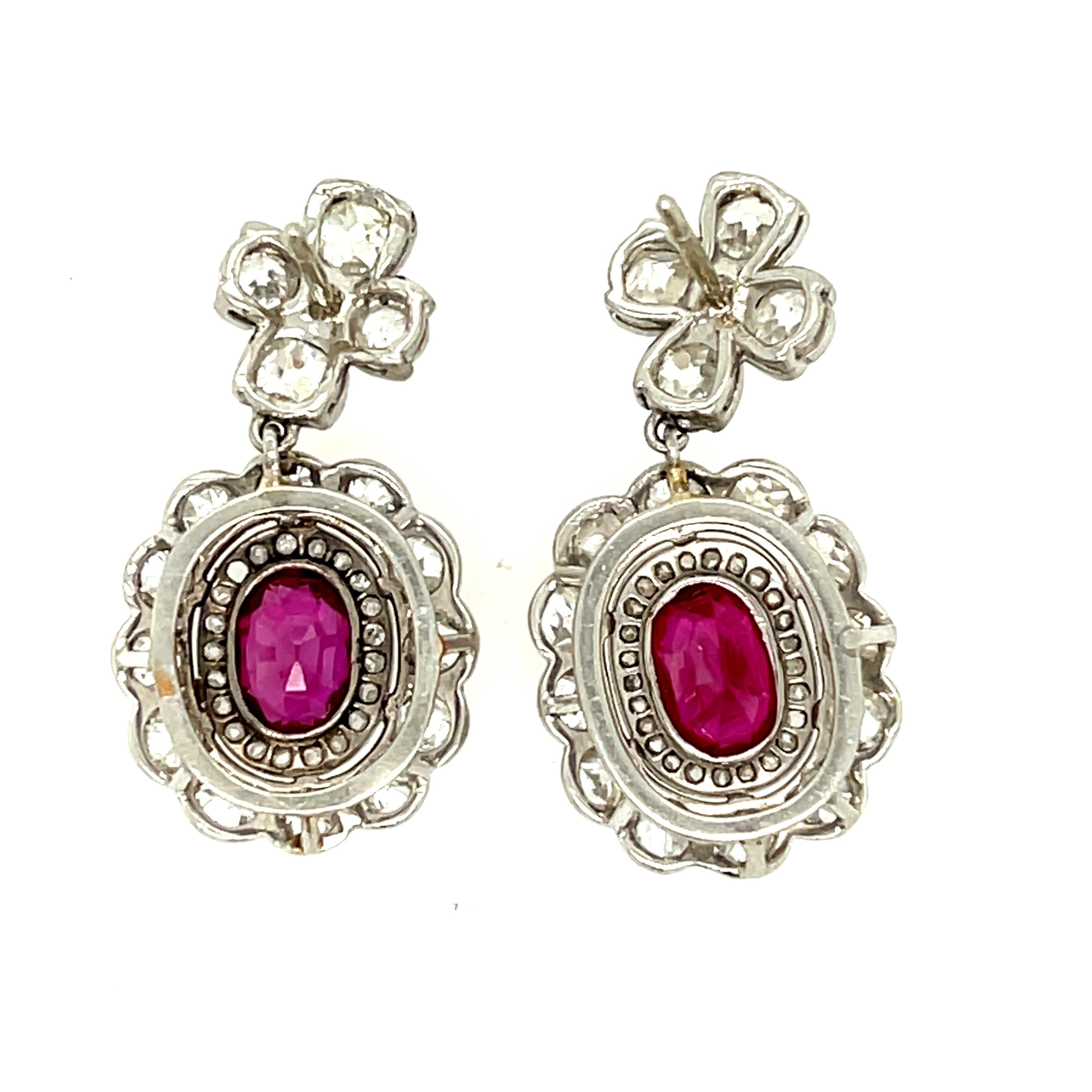 Oval Cut Antique Edwardian Platinum Diamond Burma Ruby Dangle Earrings