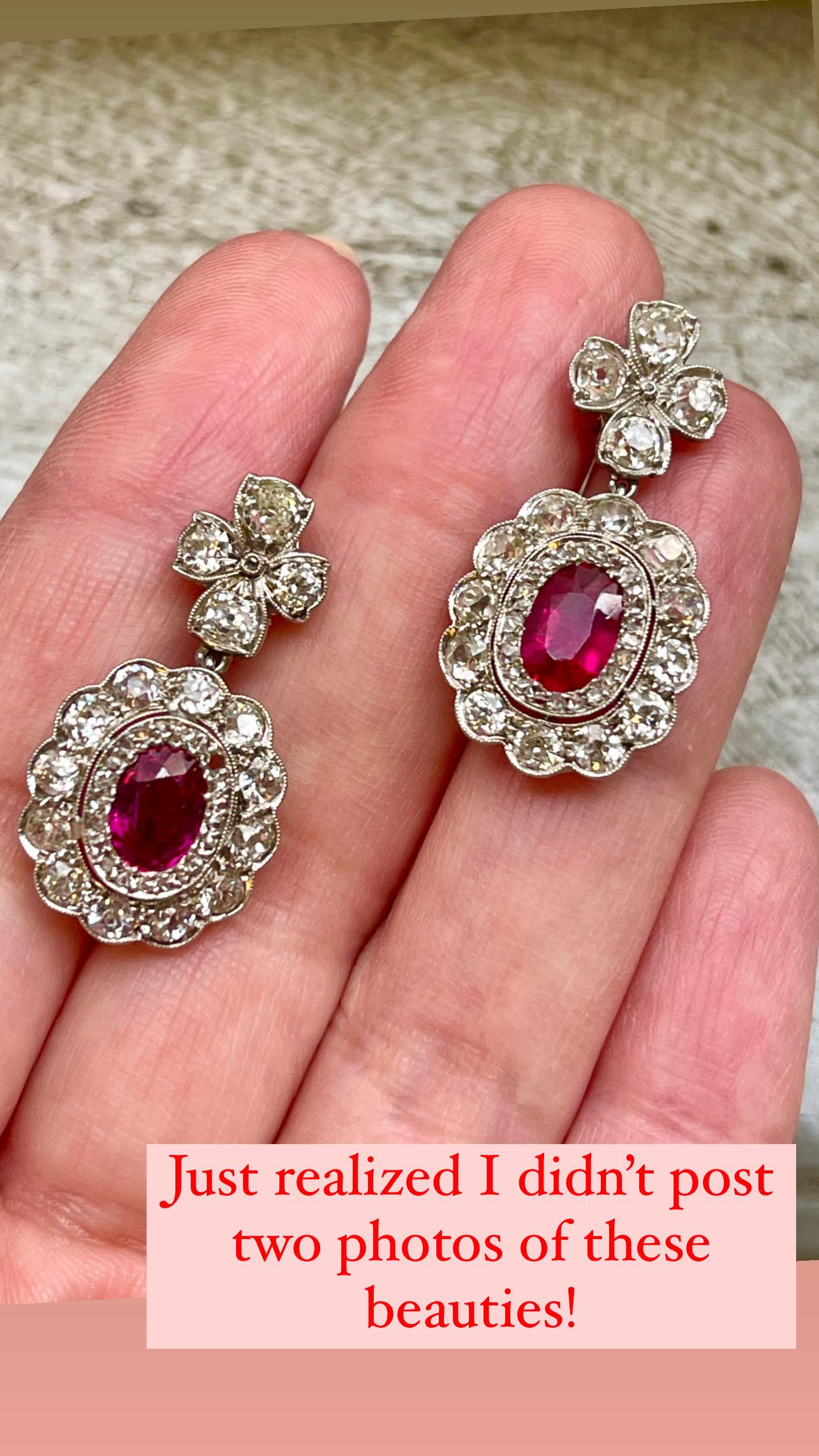 Antique Edwardian Platinum Diamond Burma Ruby Dangle Earrings In Good Condition In New York, NY