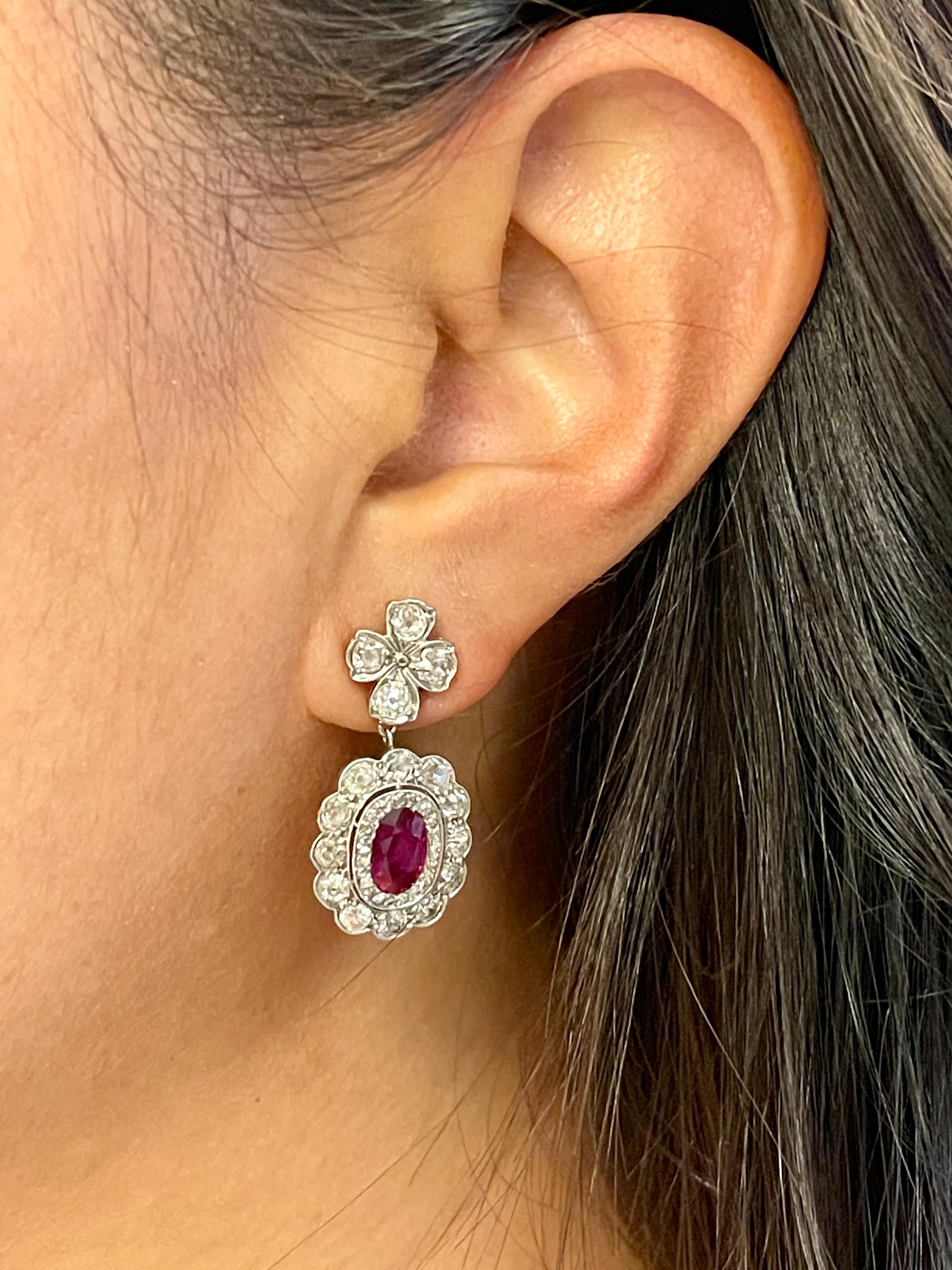 Women's or Men's Antique Edwardian Platinum Diamond Burma Ruby Dangle Earrings