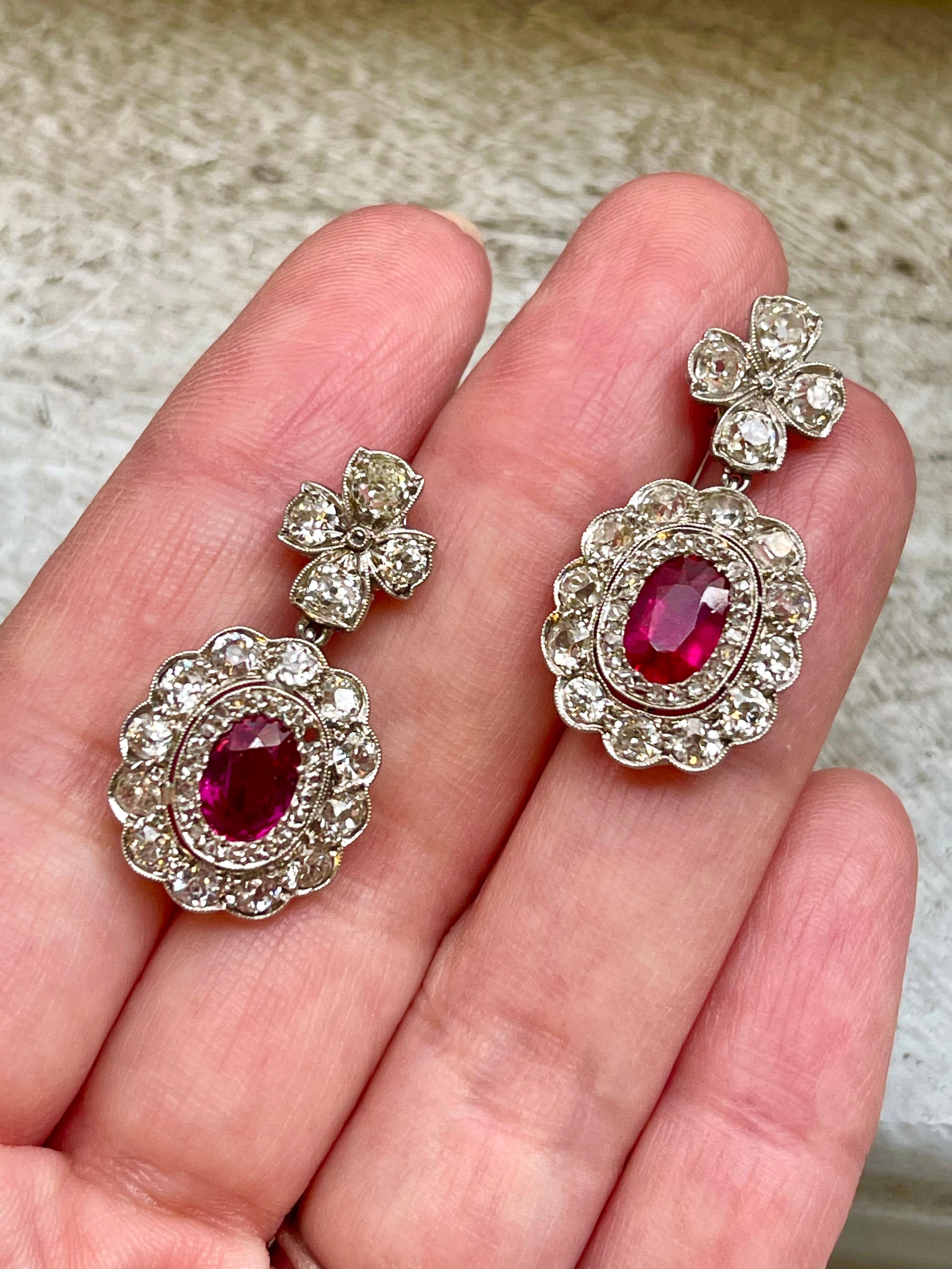 Antique Edwardian Platinum Diamond Burma Ruby Dangle Earrings 1