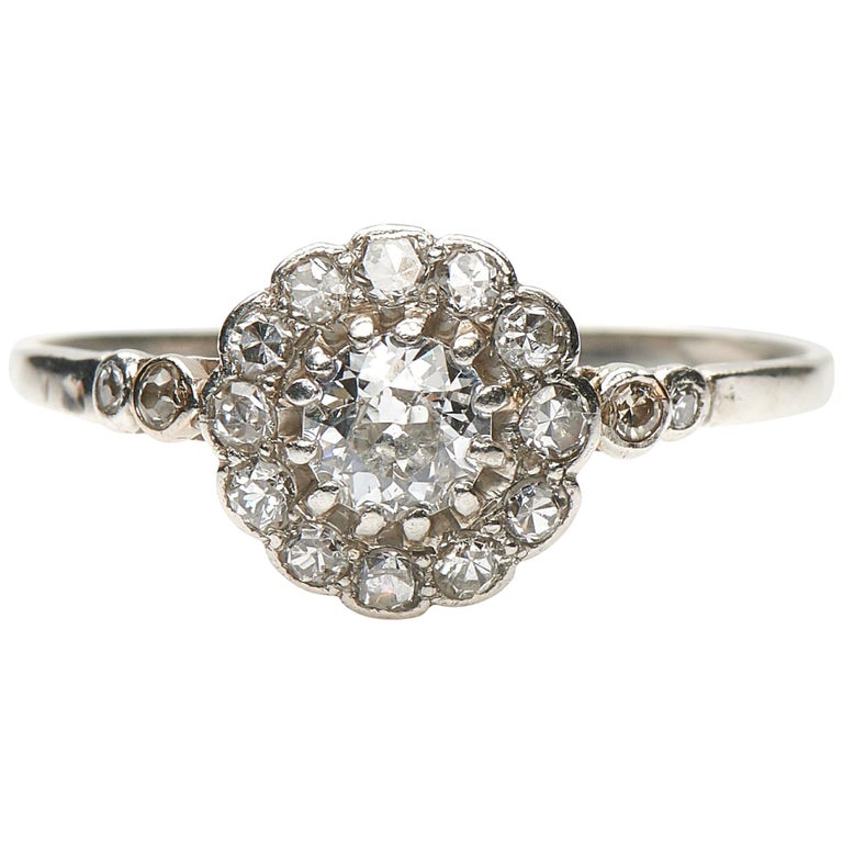 Antique Edwardian  Platinum Diamond Cluster Engagement  