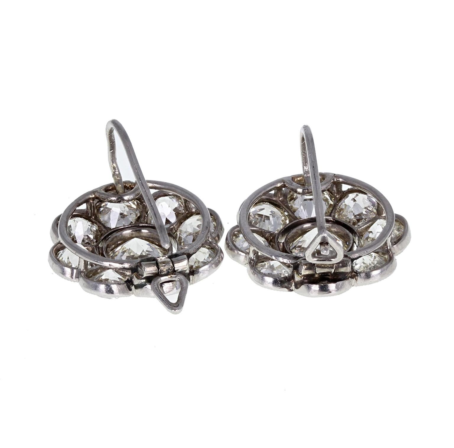 Round Cut Antique Edwardian Platinum Diamond Daisy Cluster Earrings