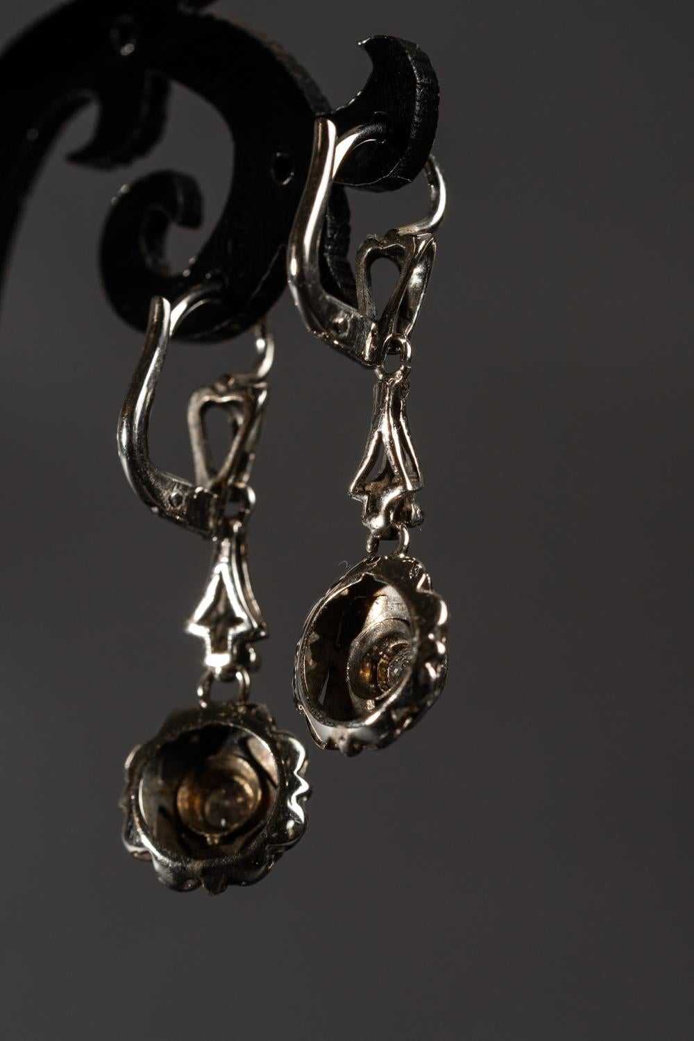 Women's Antique Edwardian Platinum Diamond Drop Earrings, Long Platinum Diamond Earrings